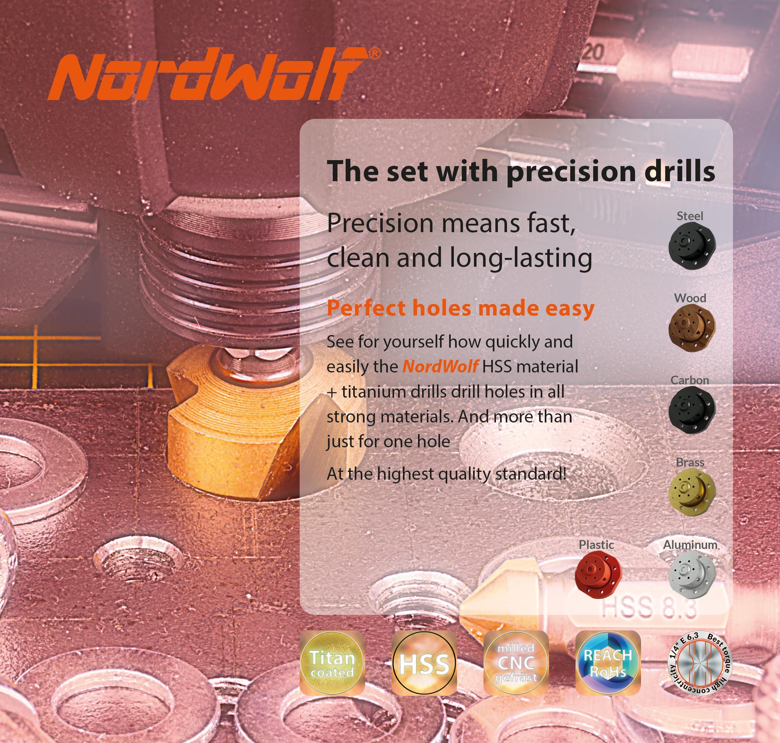 NordWolf 13-Piece HSS Titanium Spiral Flute Step Drill, 82-Degree 3 Flutes Countersink & Tapered Drill 4 Cutters Countersink and Saw Drill Bit Set with 1/4" Hex Shank in Storage Case - Image 4