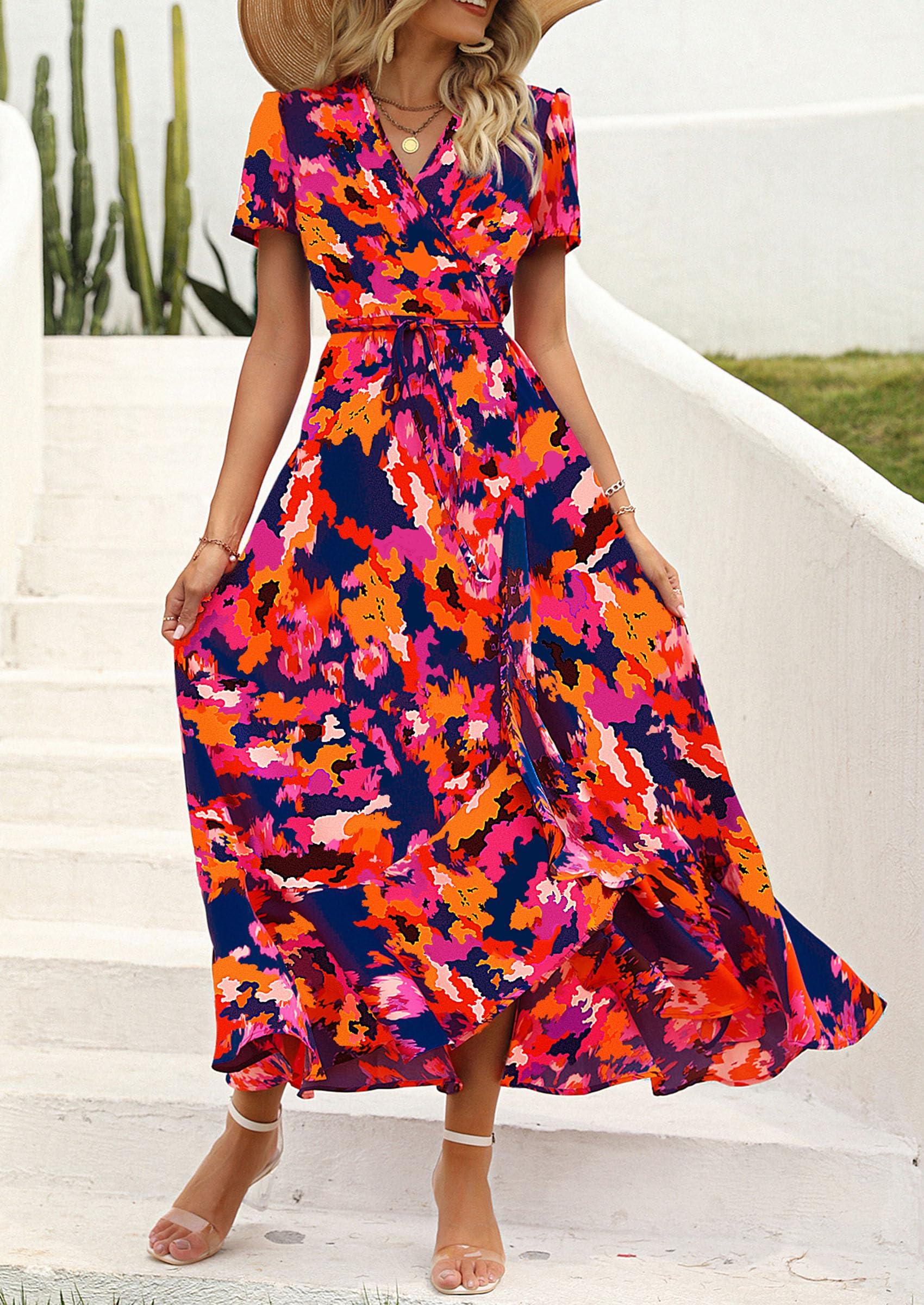 PRETTYGARDEN Women's Summer Maxi Dress Casual Wrap Floral Boho Short Sleeve V Neck Split Ruffle Beach Long Dresses - Image 3
