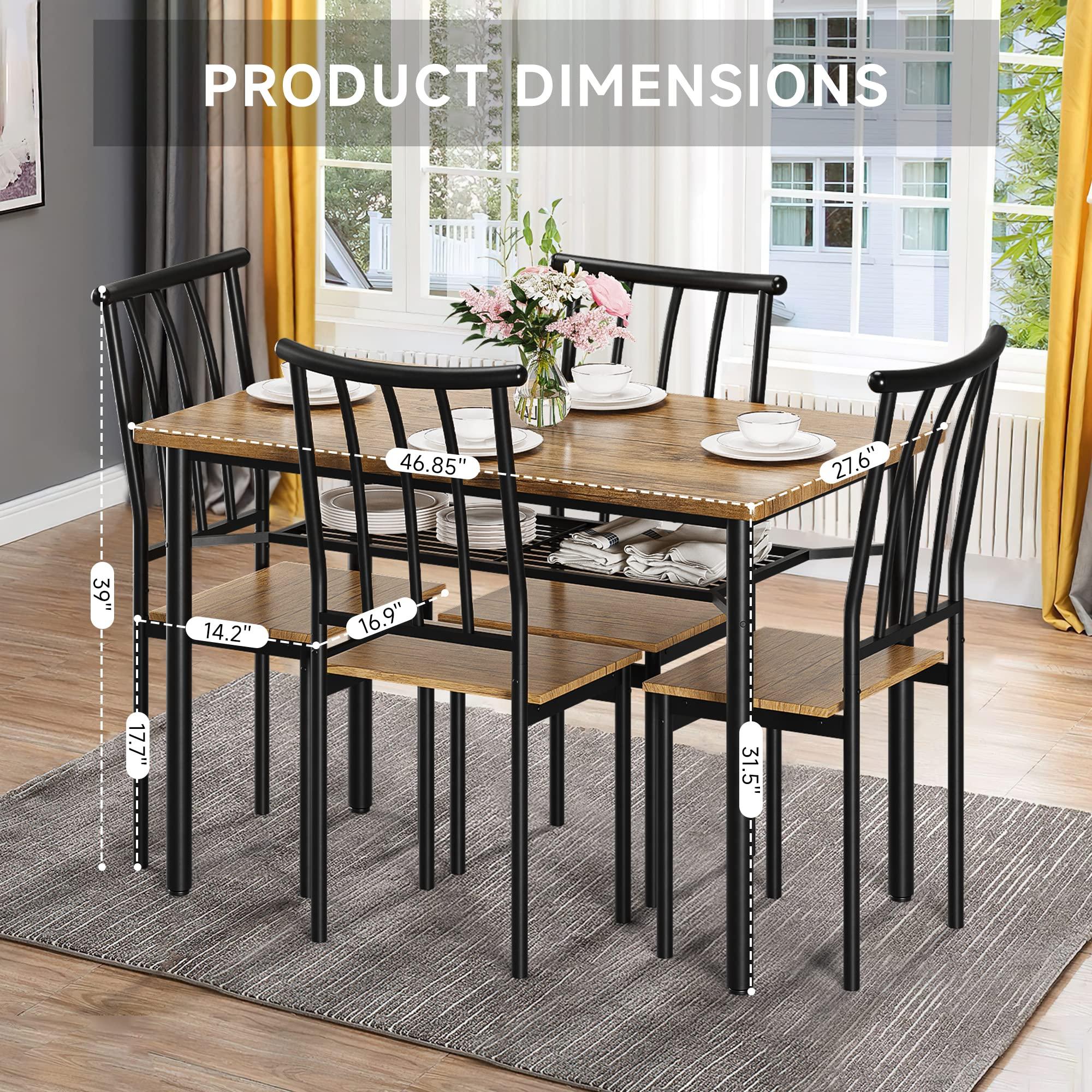 IDEALHOUSE 5 Piece Dining Table Set for 4, Kitchen Table and Chairs for 4 with Storage Rack, Metal and Wood Rectangular Dining Room Table Set for Kitchen, Dining Room, Dinette, Rustic Brown - Image 4