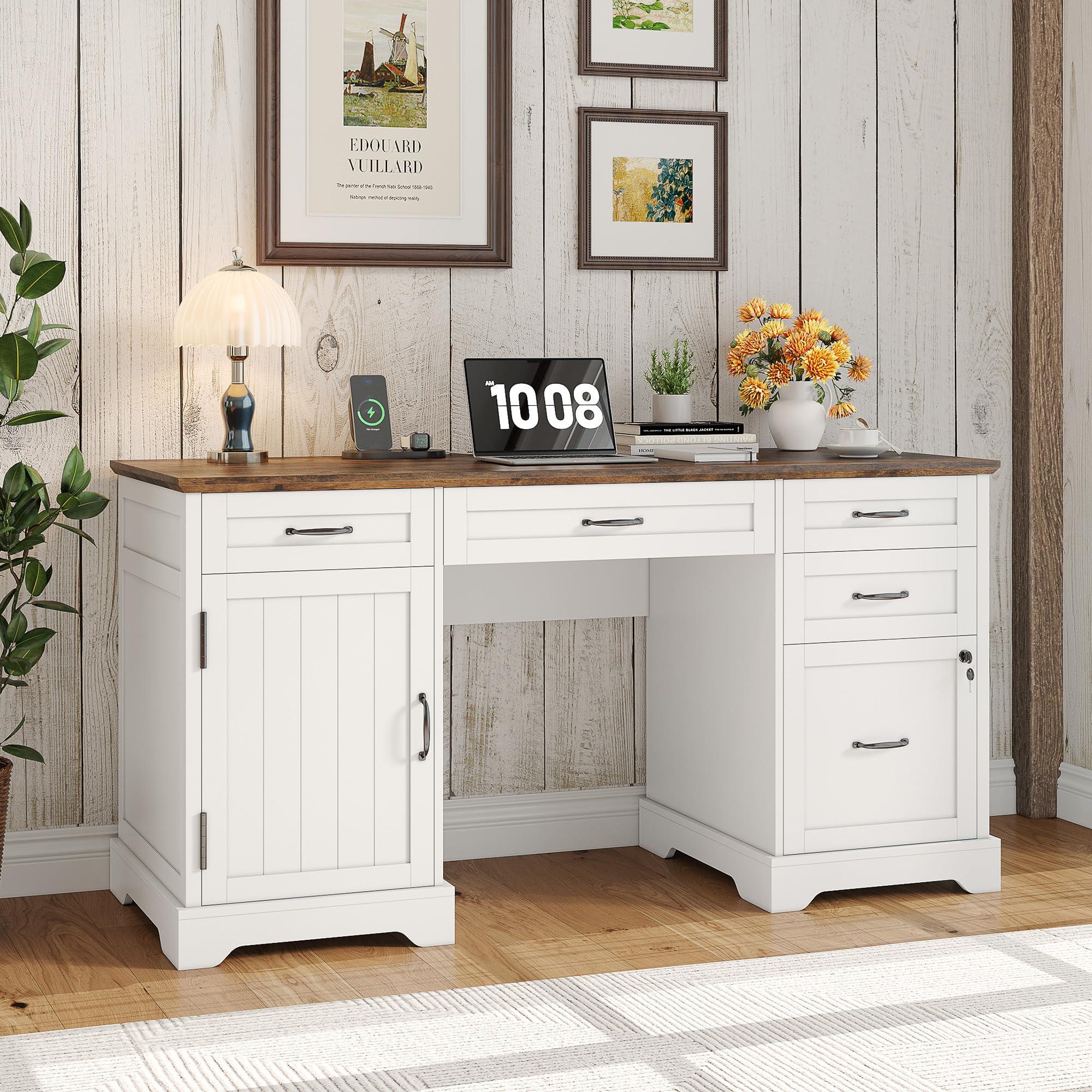 Whalefall 55'' Farmhouse Desk Home Office with Drawers, Executive Computer Desk Wooden with File Cabinet and Charging Station, White - Image 3