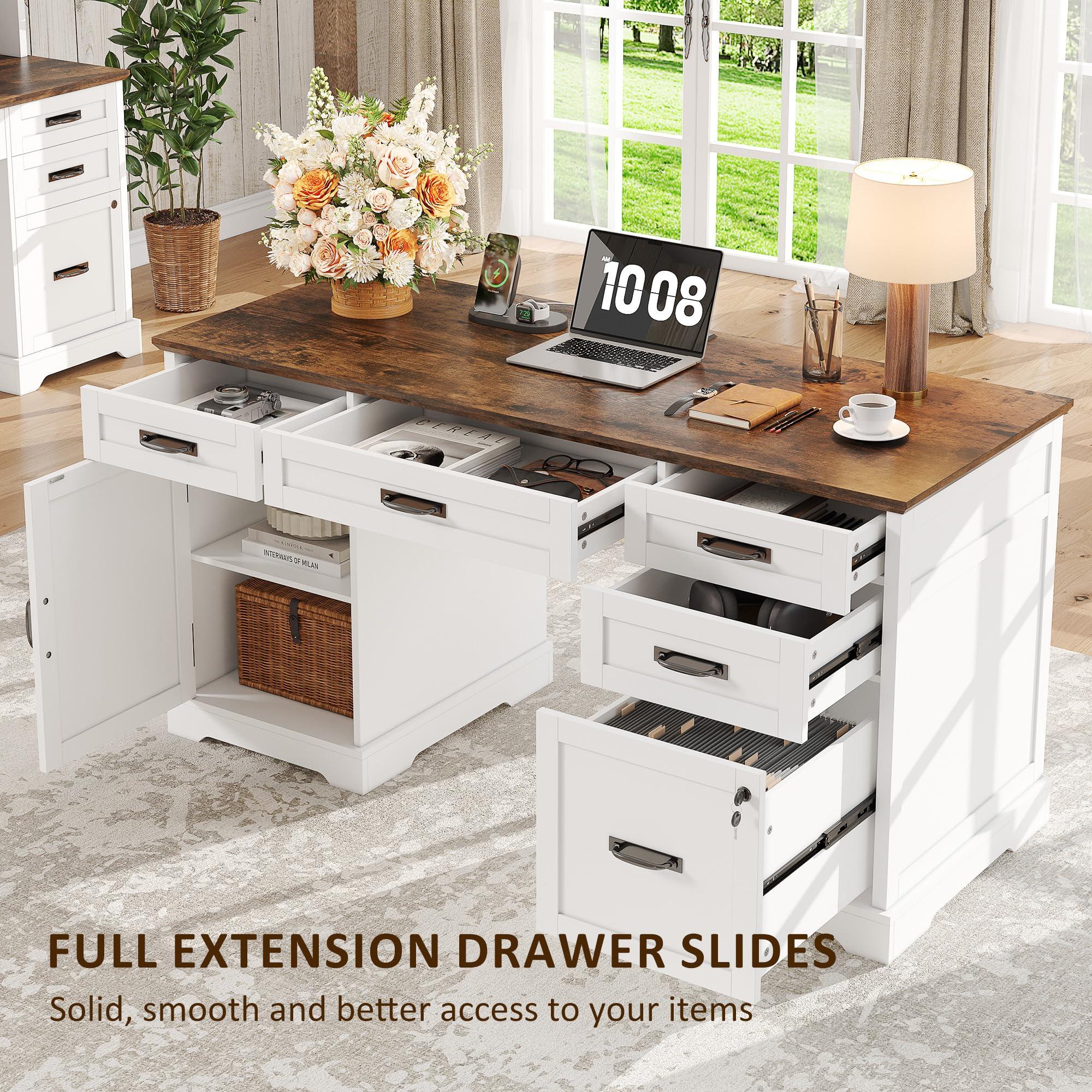 Whalefall 55'' Farmhouse Desk Home Office with Drawers, Executive Computer Desk Wooden with File Cabinet and Charging Station, White - Image 7