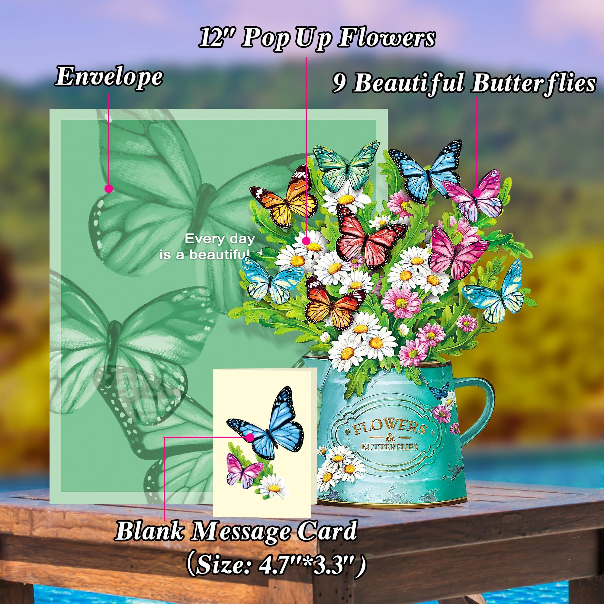Pop Up Flower Cards, Paper Flowers Bouquet 12’‘ Daisies and Butterflies 3D Popup Graduation Cards with Blank Note and Envelope, Birthday, Fathers Day,Thank You Gifts for Women Mom Dad Girls Friends - Image 4