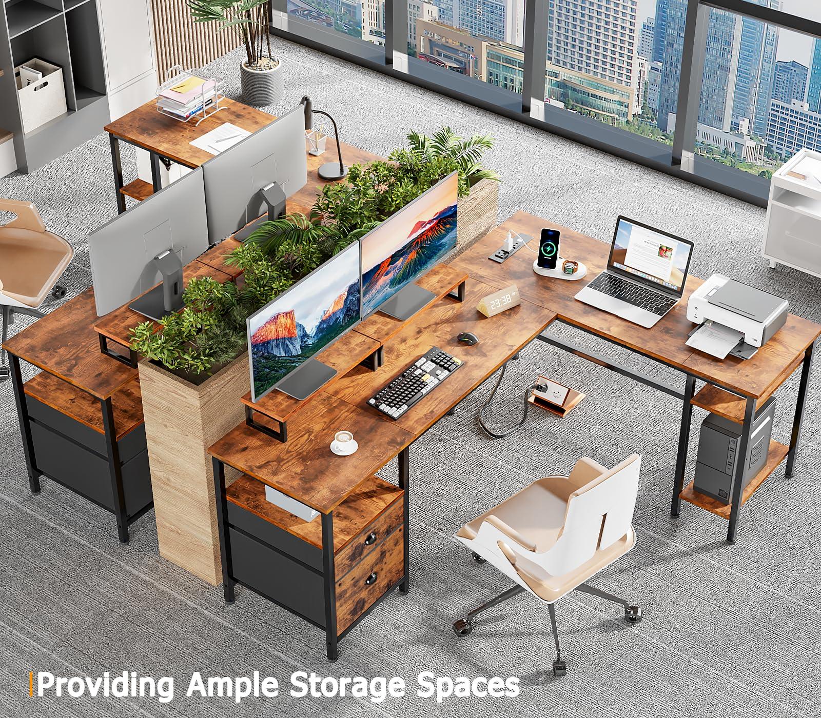 Furologee 66” L Shaped Desk with Power Outlet, Reversible Computer Gaming Desk with File Drawer & 2 Monitor Stands for Home Office with Storage Shelves, Rustic Brown - Image 8