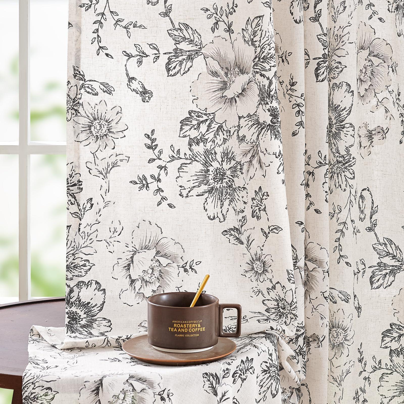 jinchan Linen Blend Curtain Floral Curtains for Living Room 84 Inch Length Black Printed Curtains Rod Pocket Back Tab Farmhouse Peony Flower Patterned Drapes Bedroom Window Curtain Set 2 Panels - Image 4