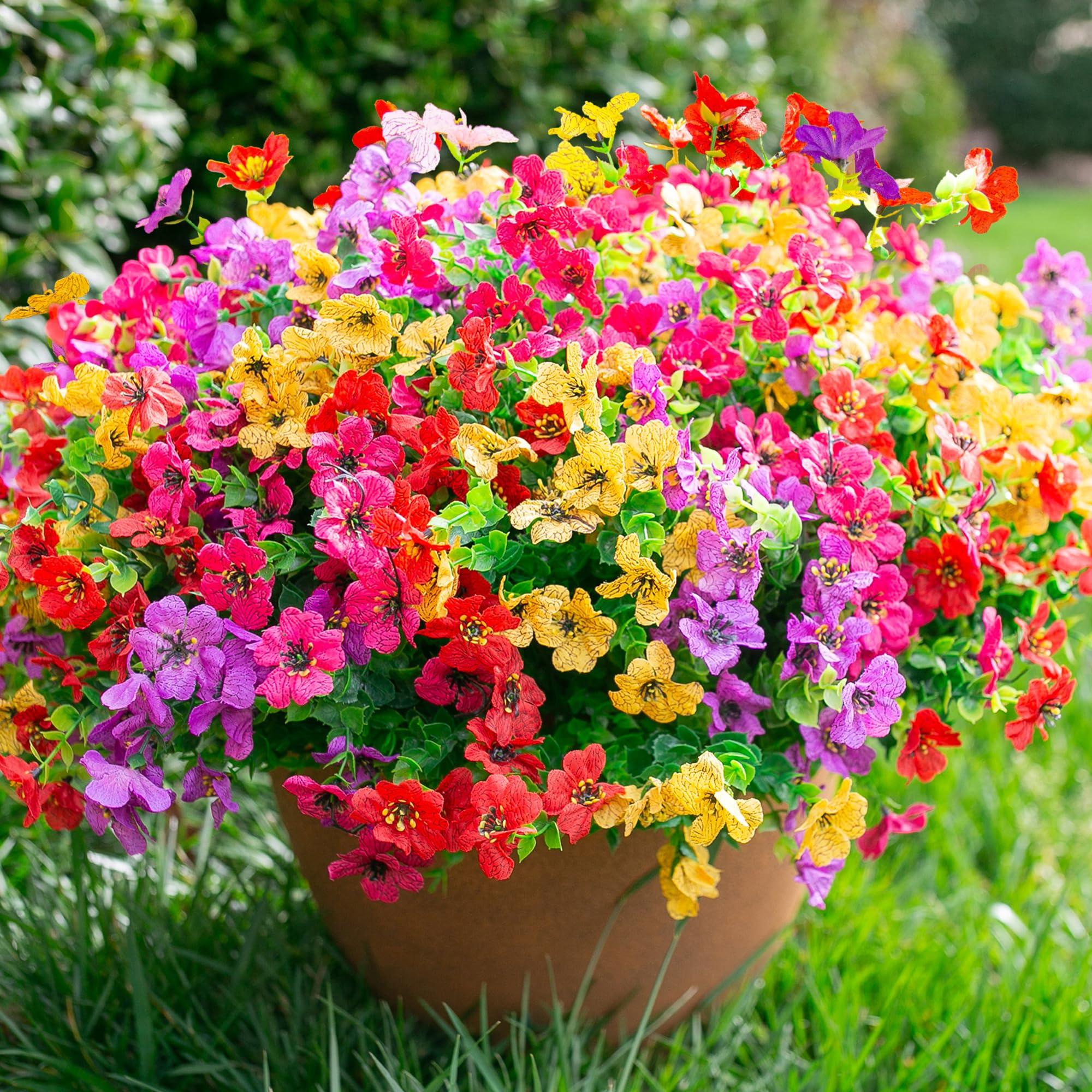 florisso Artificial Fake Plants Flowers for Outdoor Outside Spring Summer Decoration, 12 Bundles Faux Silk Colorful Mix Daisy UV Sun Resistant Realistic for Porch Patio Home Planter Window Box Yard