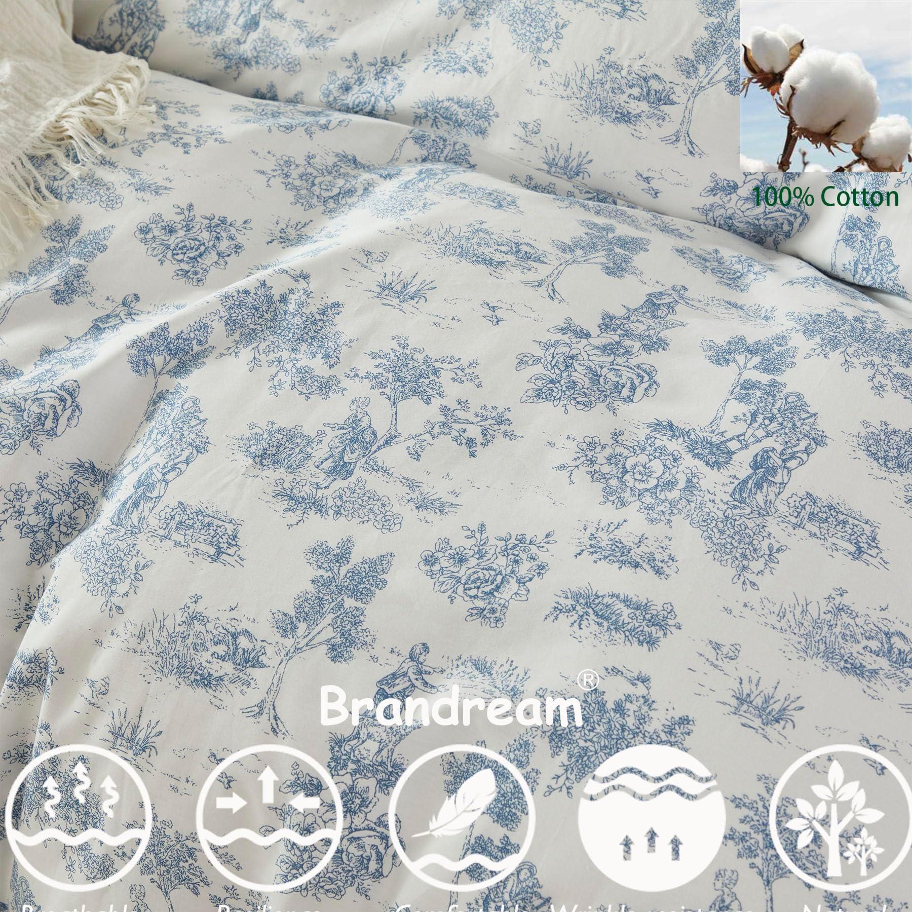 Brandream French Country Toile Queen Duvet Cover Set for Girl Women Bedroom Vintage Blue Toile Floral Print 100% Cotton Duvet Quilt Comforter Cover Pillow Shams Set with Delicate Ruffle Fringe - Image 6