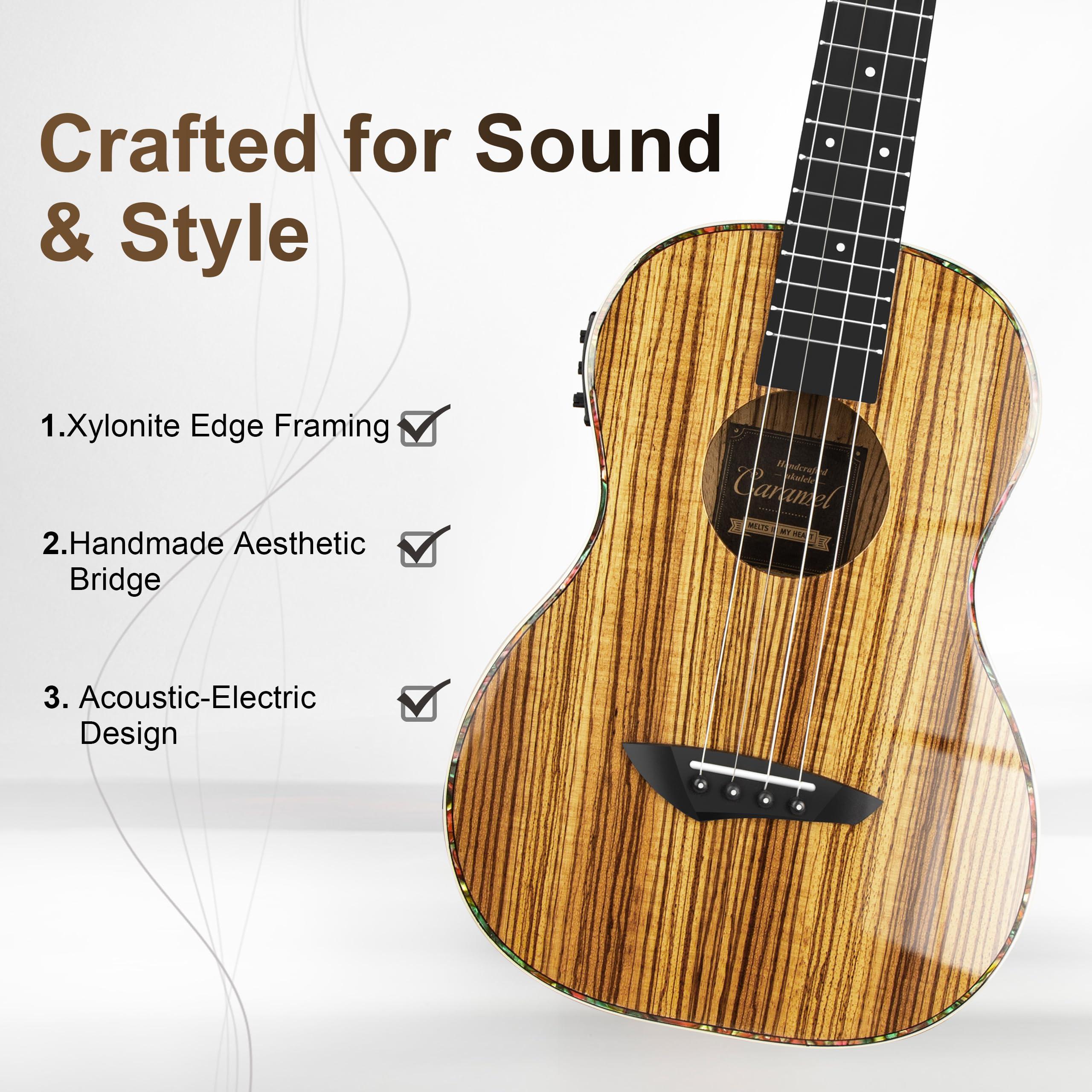 Caramel 30 inch CB103 Zebra wood High Gloss Baritone LCD color display Electric Ukulele Professional Ukelele Kit Beginner Travel Guitar Starter Pack Bundle, Padded Gig Bag, Strap Set - Image 2