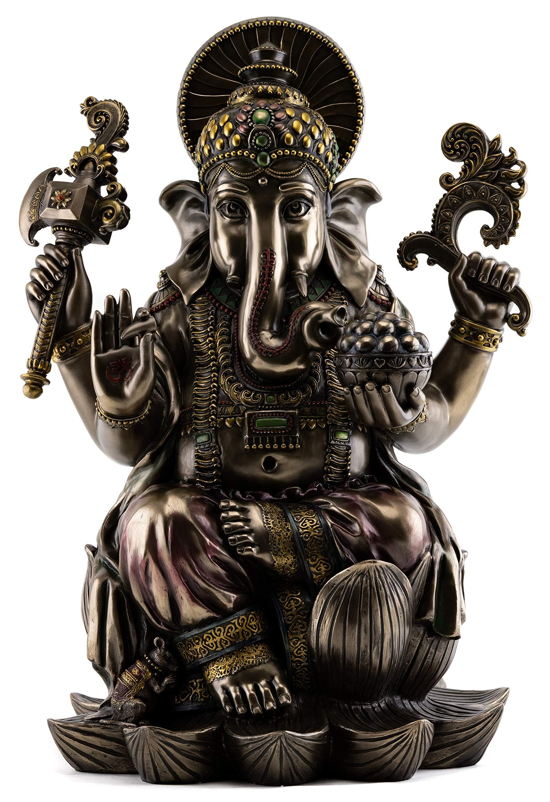 Top Collection Large Ganesh on Lotus Pedestal Statue- Ganesha Lord of Success and Destroyer of Evil Sculpture in Premium Cold Cast Bronze - 18-Inch Collectible Hindu Elephant Figurine