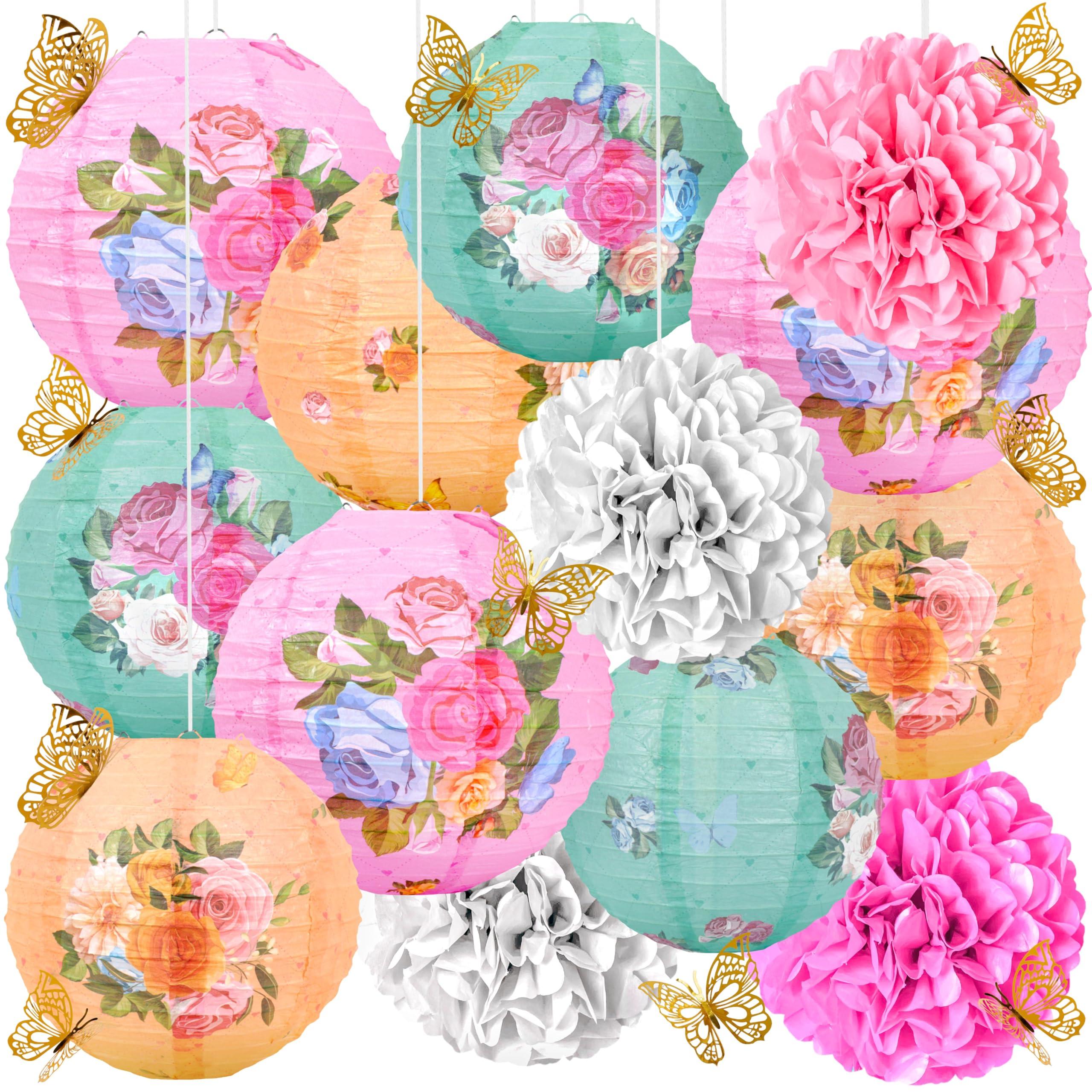 33Pcs Tea Party Decorations Paper Lantern Tissue Pom Pom Gold Butterfly Garden Decoration Hanging Decor for Birthday Bridal Shower Wedding