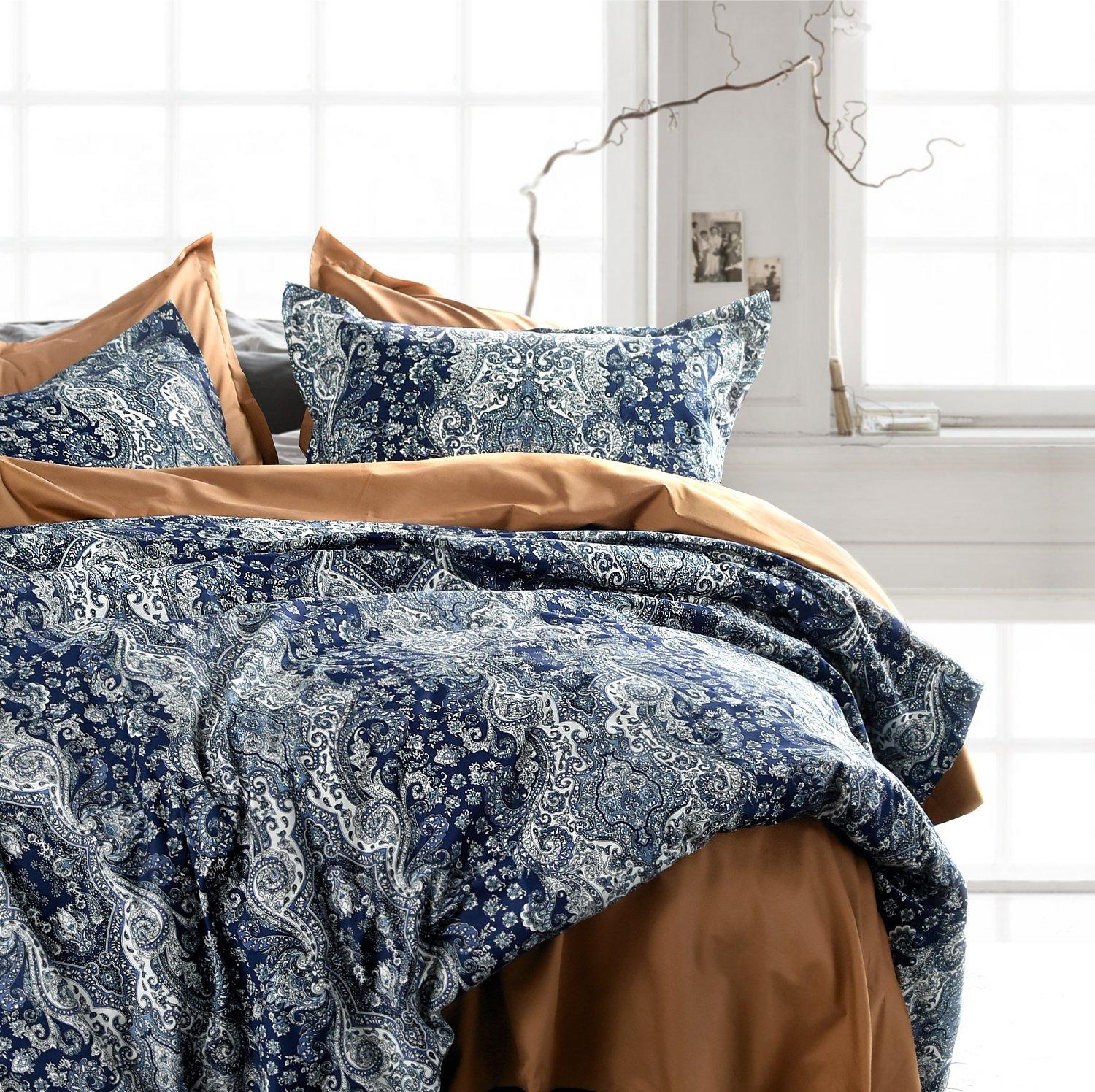 Eikei Home Damask Medallion Luxury Duvet Quilt Cover Boho Paisley Print Bedding Set 400 Thread Count Egyptian Cotton Sateen Vibrant Bohemian Pattern (Midnight, Queen) - Image 4