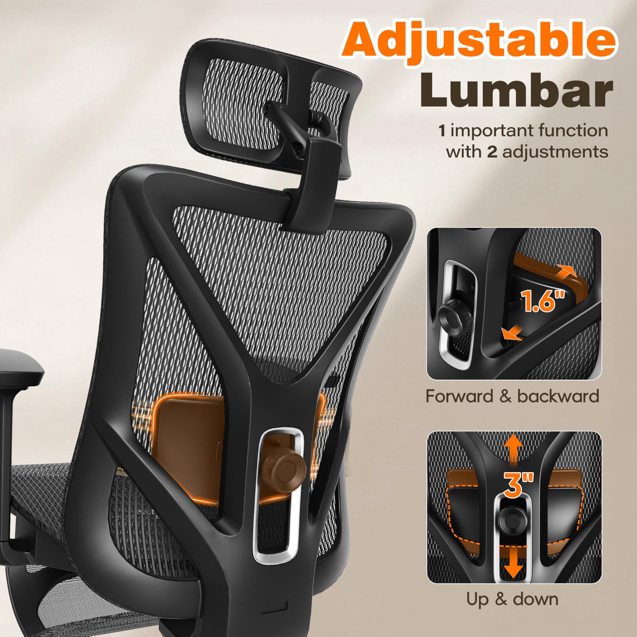 GABRYLLY Ergonomic Office Chair with Adjustable Lumbar Support, 3D Armrests & Headrest, 135° Reclining Chair with Footrest & Large Steel Base,300LBS Swivel Desk Chair(GYMN01) - Image 4