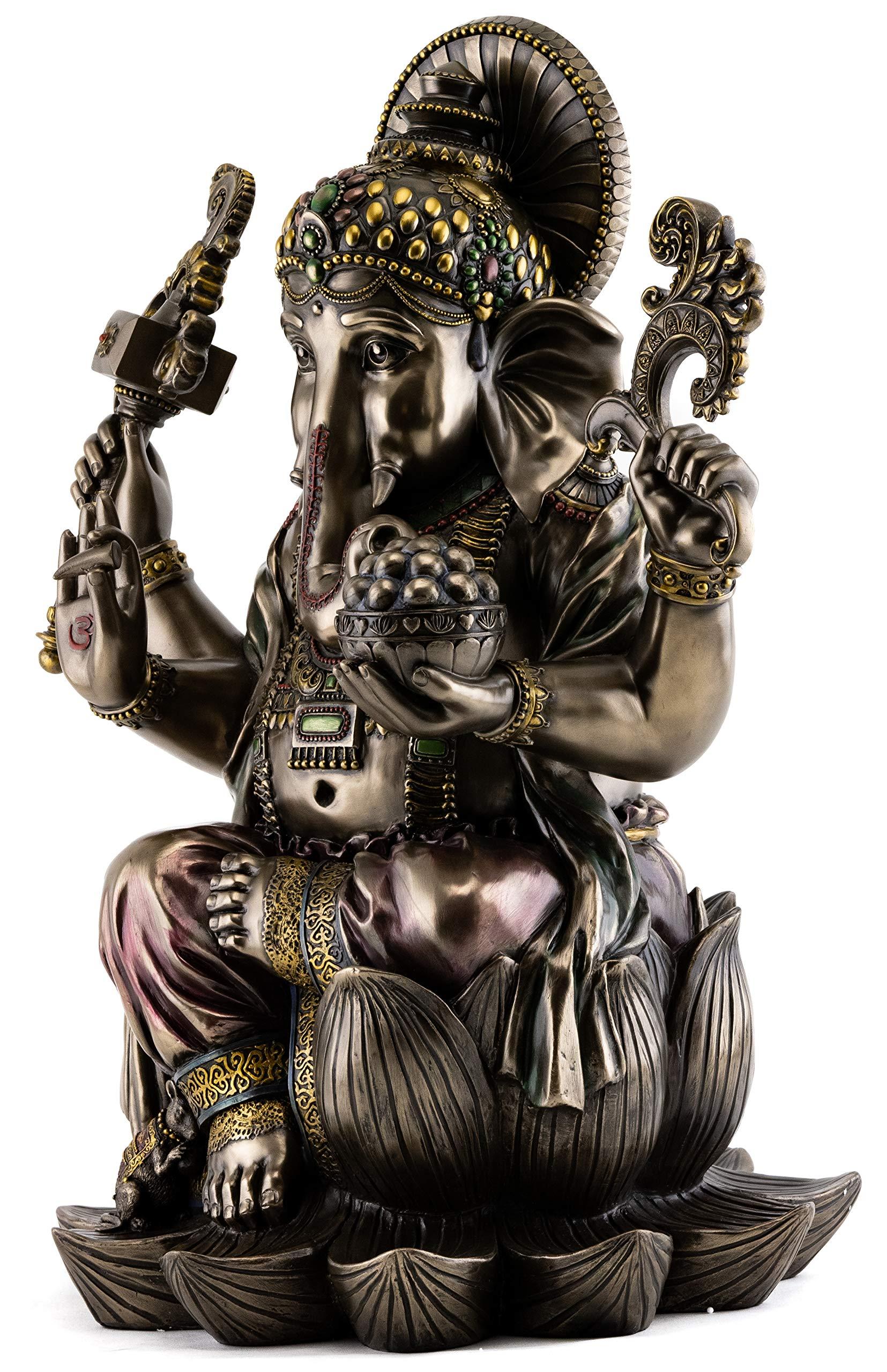Top Collection Large Ganesh on Lotus Pedestal Statue- Ganesha Lord of Success and Destroyer of Evil Sculpture in Premium Cold Cast Bronze - 18-Inch Collectible Hindu Elephant Figurine - Image 2