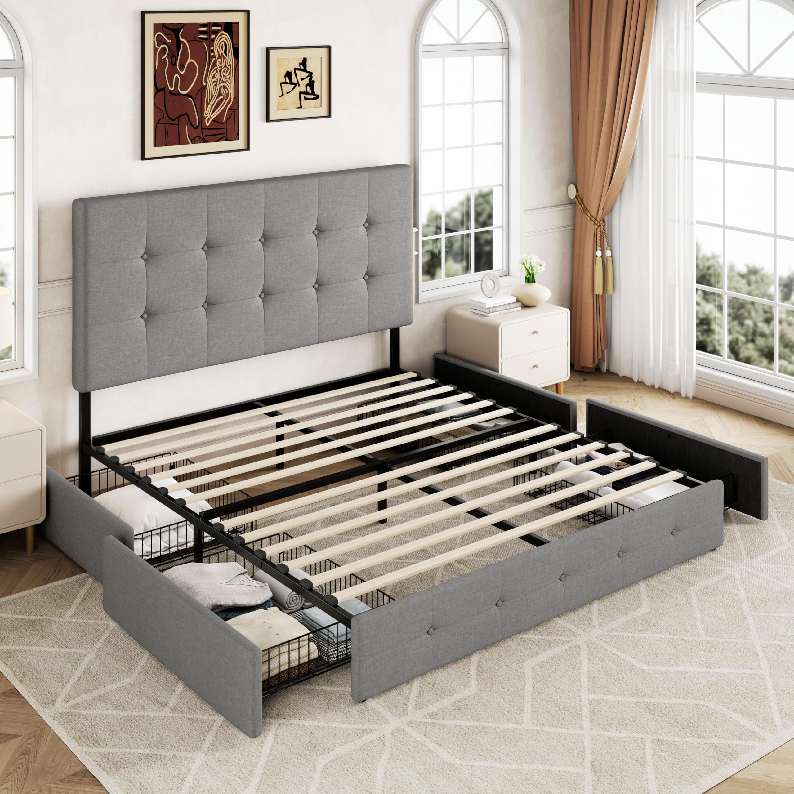 Allewie Upholstered Queen Size Platform Bed Frame with 4 Storage Drawers and Headboard, Square Stitched Button Tufted, Mattress Foundation with Wooden Slats Support, No Box Spring Needed, Light Grey - Image 8