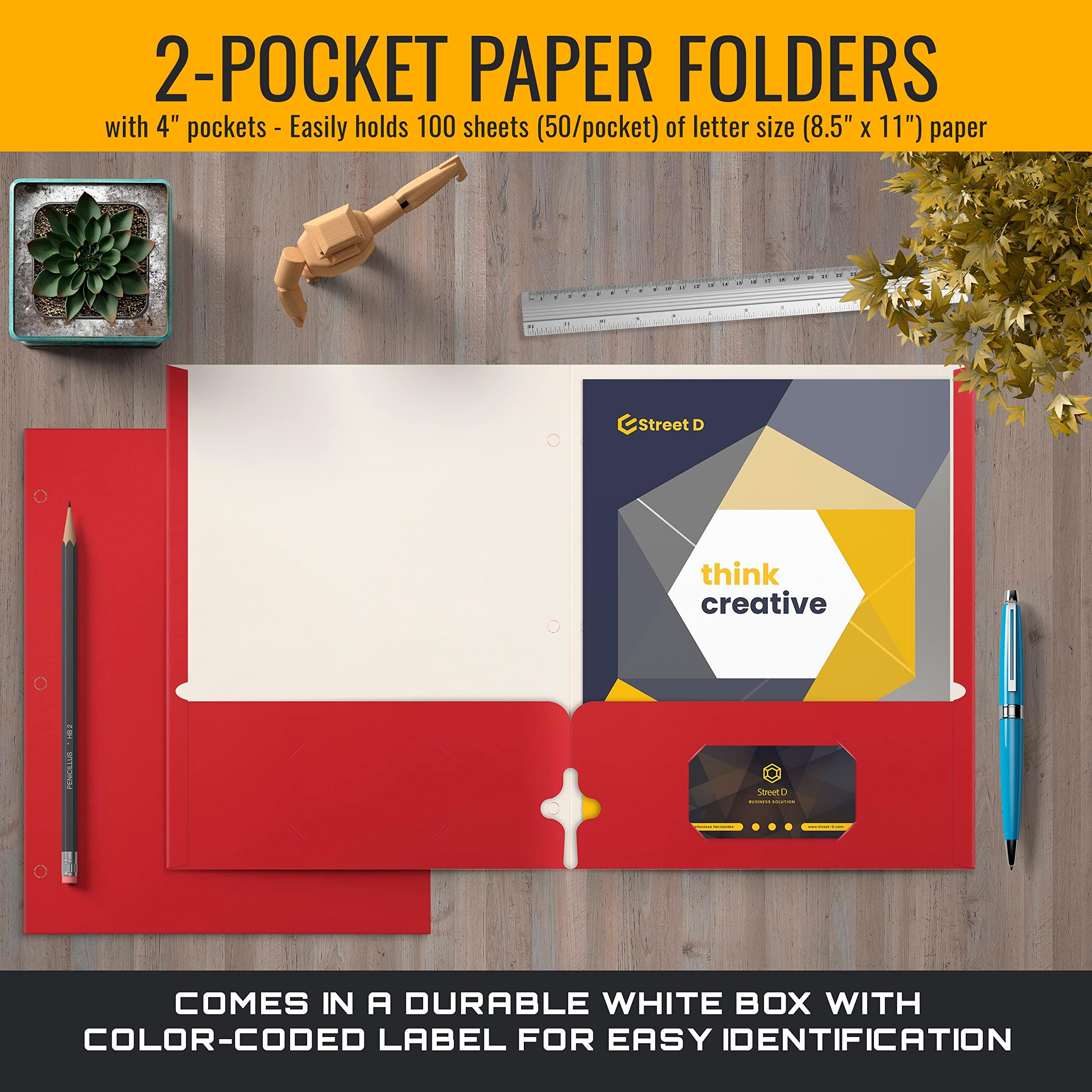 Better Office Products Two Pocket Portfolio Folders, 50-Pack, RED, Letter Size Paper Folders, 50 Pieces, Red - Image 3