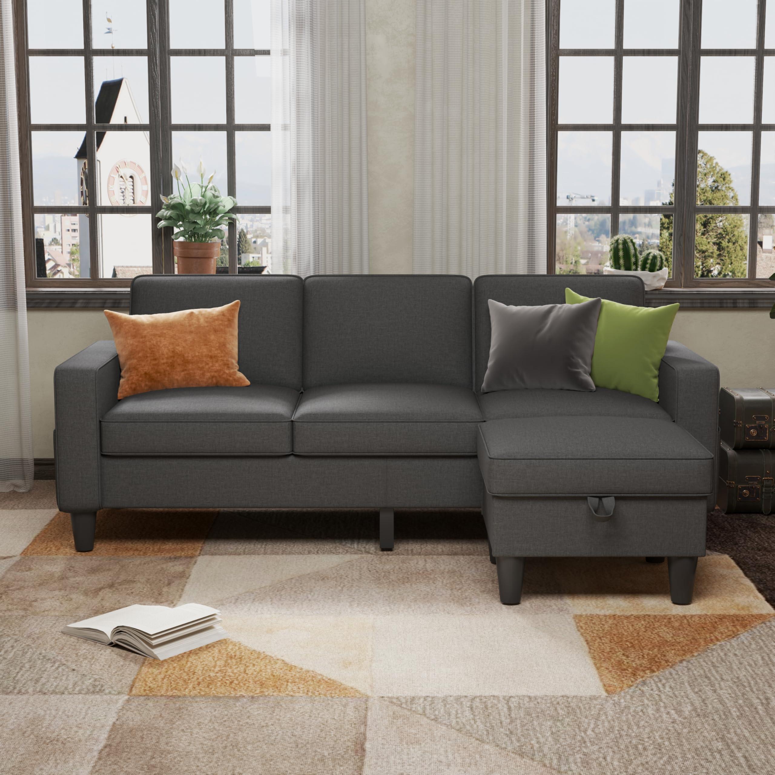 Sectional Sofa Couches for Living Room - Dark Grey 3 Seat L Shaped Couch with Storage Ottoman, Modern Linen Convertible Sectionals Sofas with Reversible Chaise for Apartment, Office, Small Space