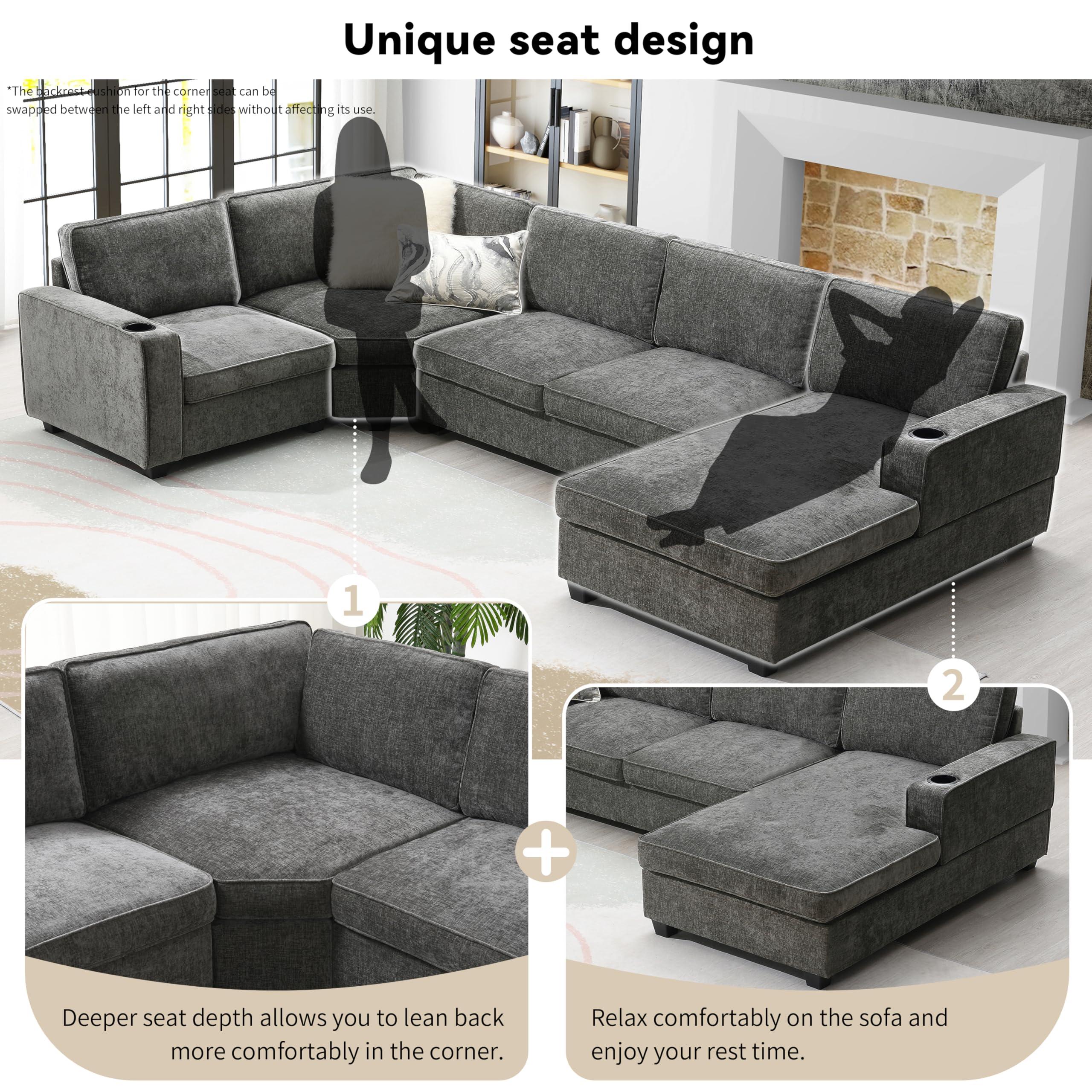 Merax 119" U Shaped Sectional Sofa, 6 Seat Chenille Corner Couch Set with Oversized Chaise Lounge, Comfy with Cup Holders for Living Room, Apartment, Gray - Image 4