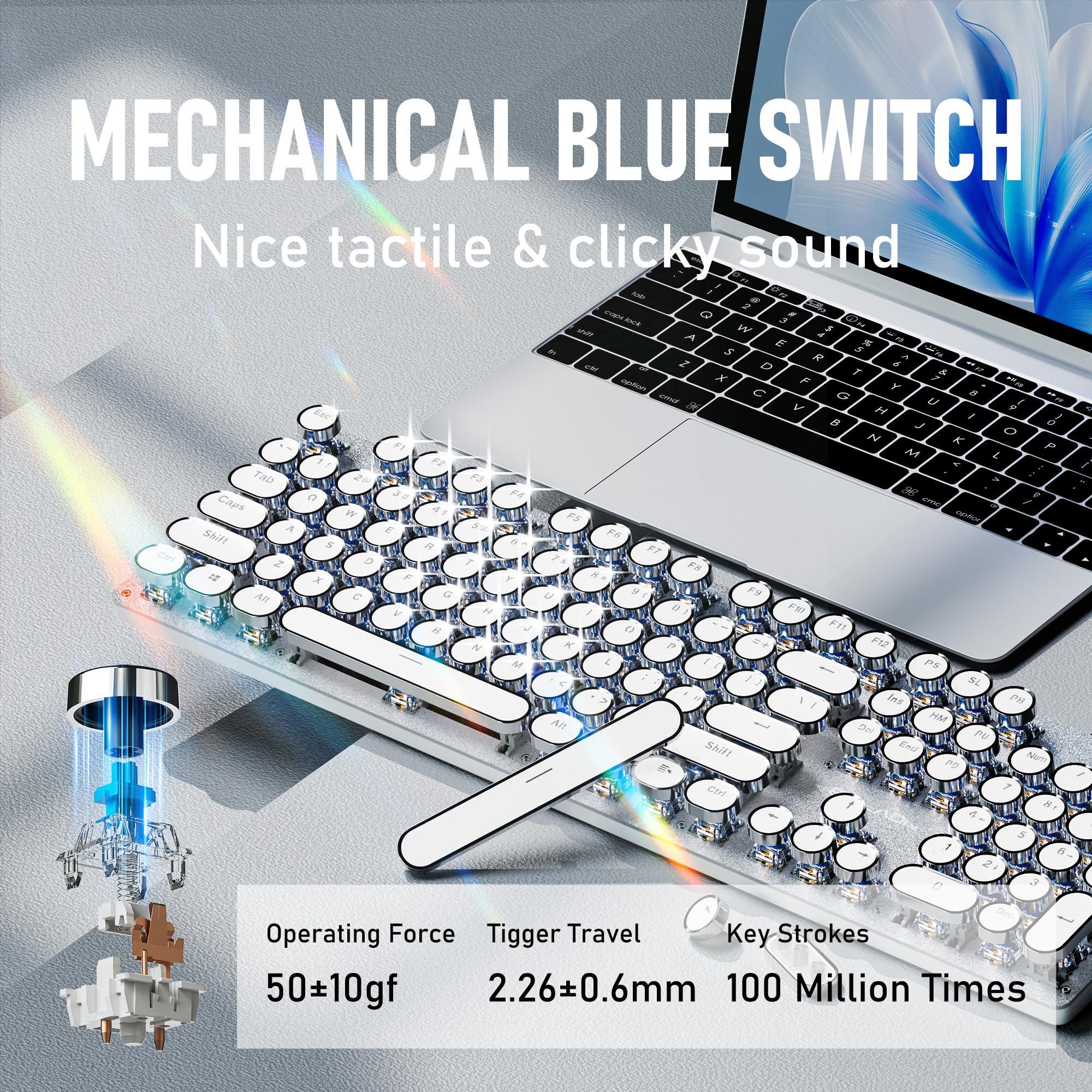SEUNKWANG EWEADN TK100 Typewriter Style Wired Mechanical Keyboard, 104 Keys Aesthetic Typewriter Keyboard with White Backlit, Anti-Ghosting, Blue Switch Wired Cute Keyboards-White - Image 4