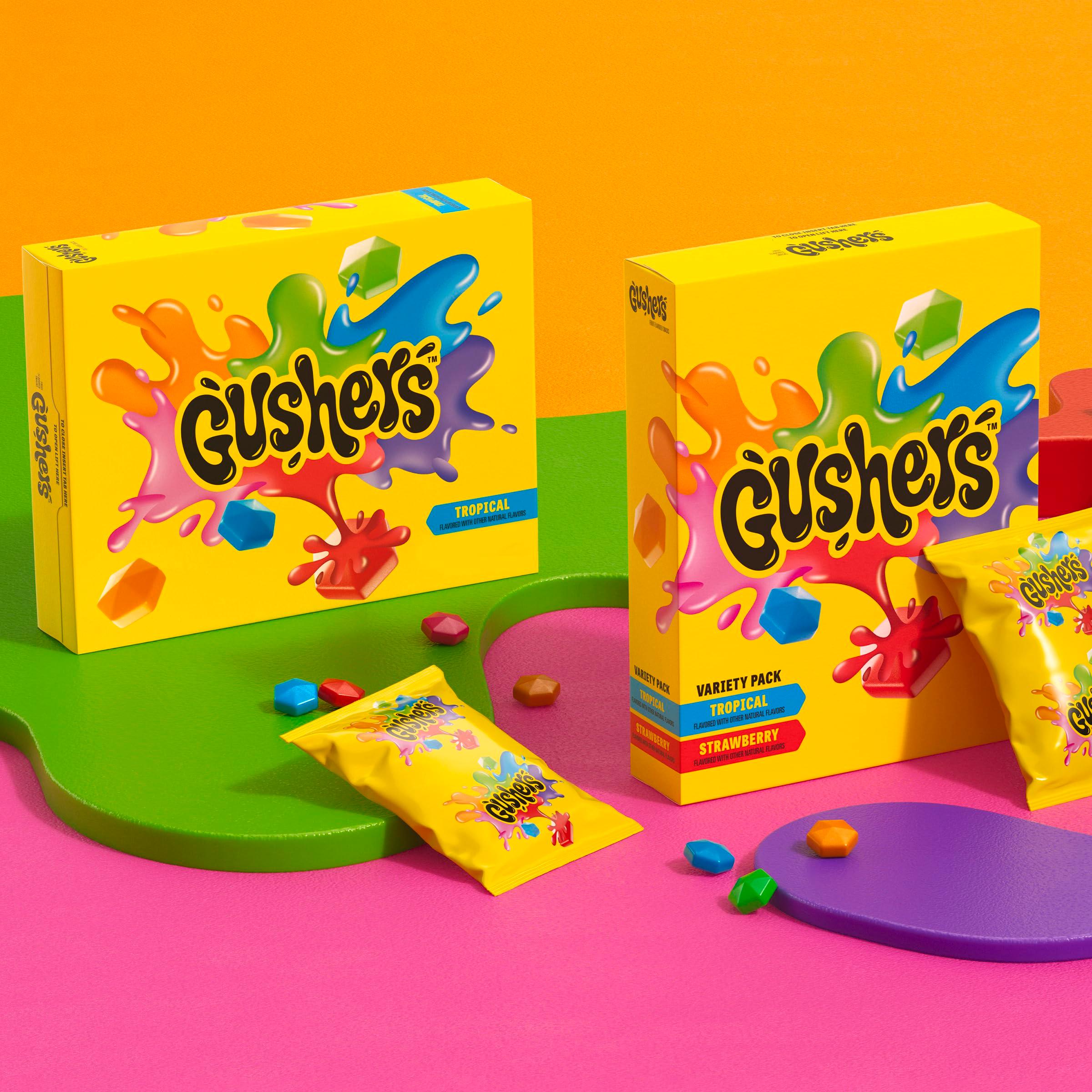 Gushers Fruit Flavored Snacks Family Pack, Tropical & Strawberry Flavors, Gluten Free Gummy Kids Snack, Bursting Juicy Center, Vitamin C Source, Individually Wrapped, Bulk Box, 20 Pouches, 16 oz Total - Image 7