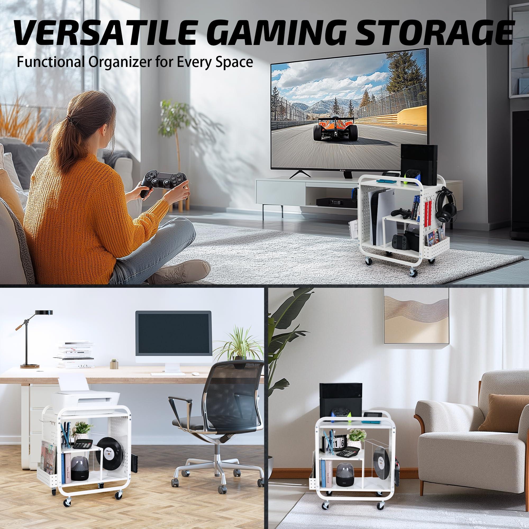 PLKOW Video Game Organizer, Rolling Video Game Storage Rack for Xbox/Switch/PS4/PS5 Accessories, Game Consoles Stand Controllers Holder, Perfect Holiday Present (White) - Image 3
