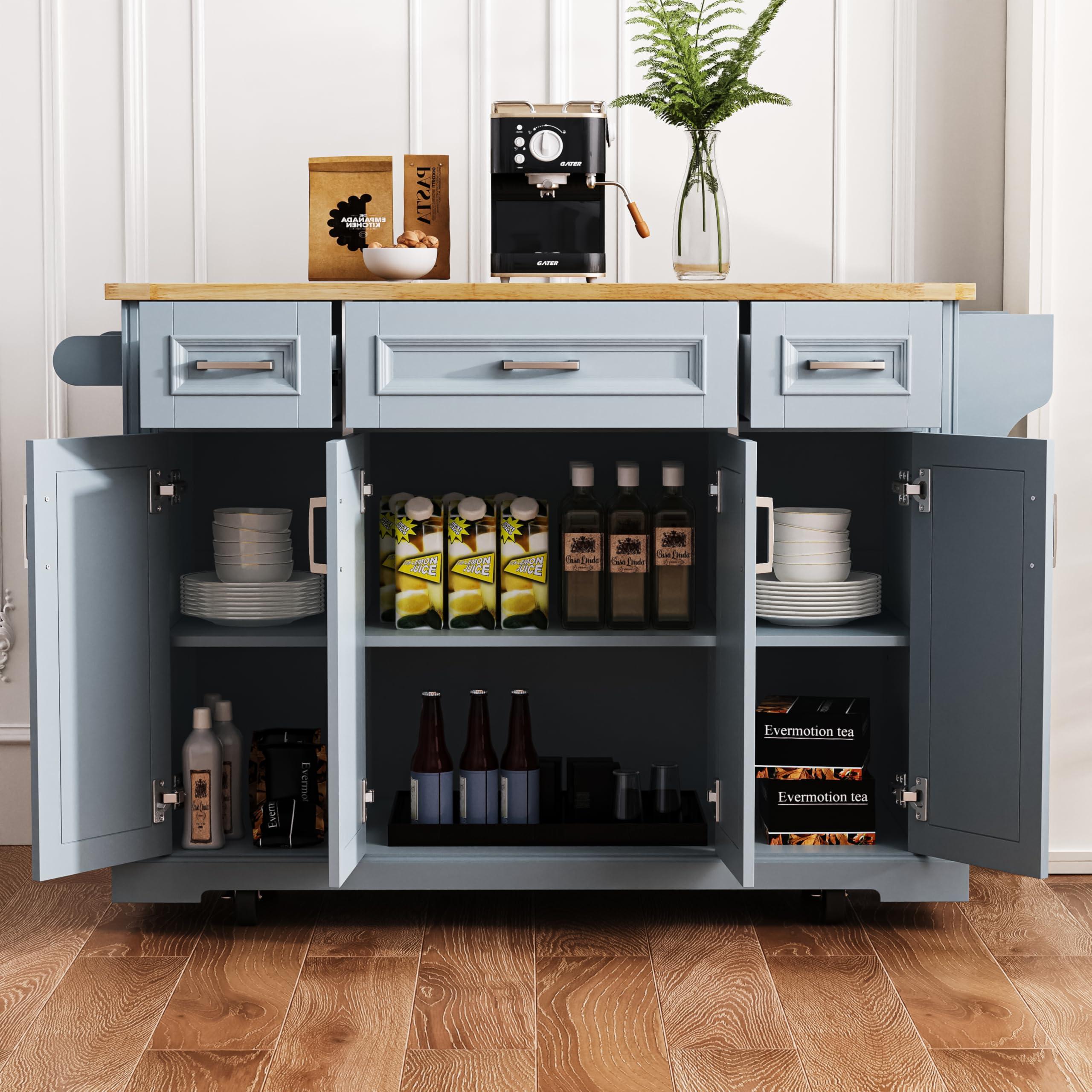 Ball & Cast Large Kitchen Island with Rubber Wood Drop Leaf,Embossed Texture Rolling Kitchen Cart On 4 Wheels W/4 Doors&3 Drawers,Mobile Kitchen Islands W/Storage for Kitchen,Dining Room,Grey Blue,54" - Image 10
