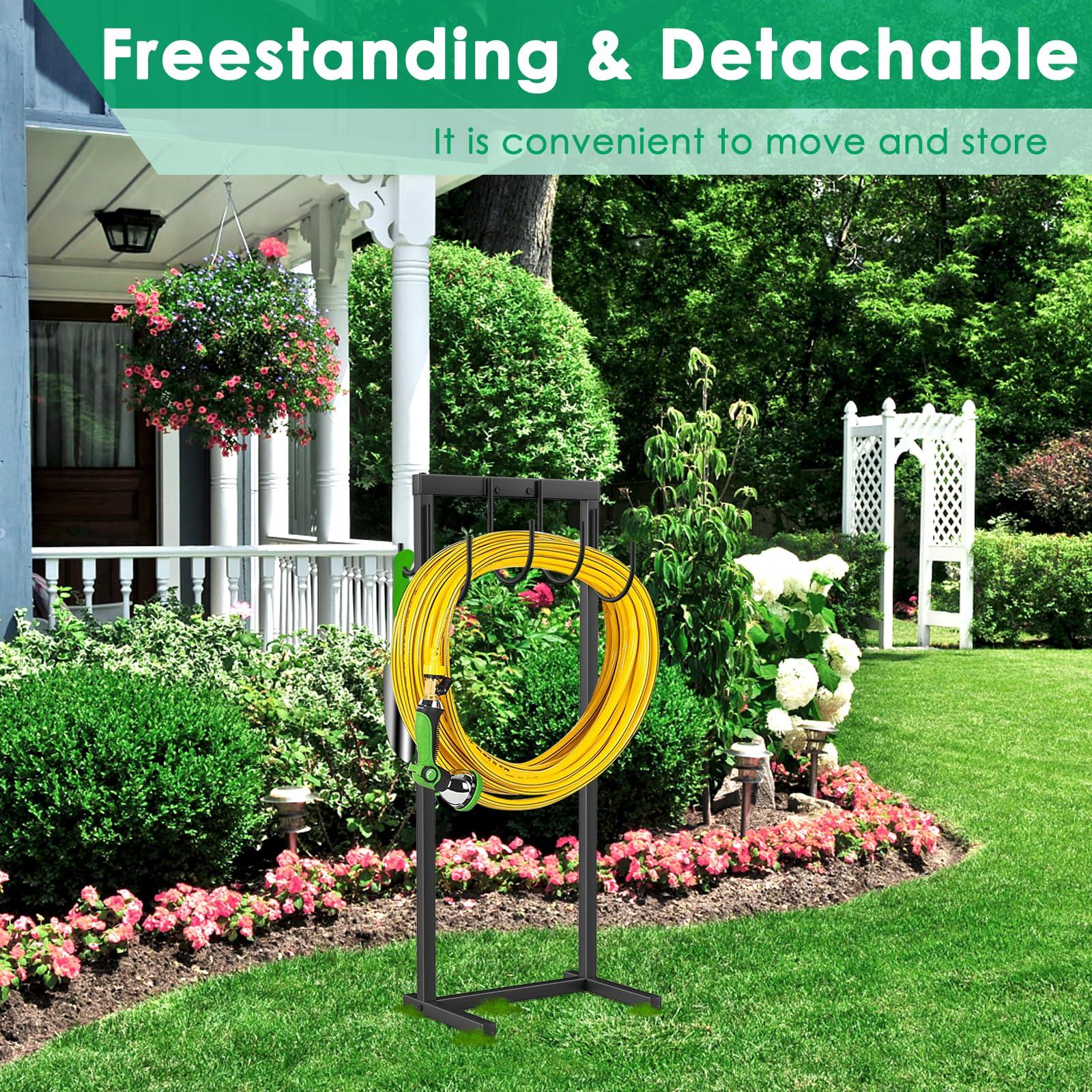 TomCare Garden Hose Holder Water Hose Holder with 4 Spikes Freestanding Garden Hose Storage Stand Sturdy Hose Hanger Heavy Duty 6 Hooks Hose Organizer for Outside, Black - Image 2