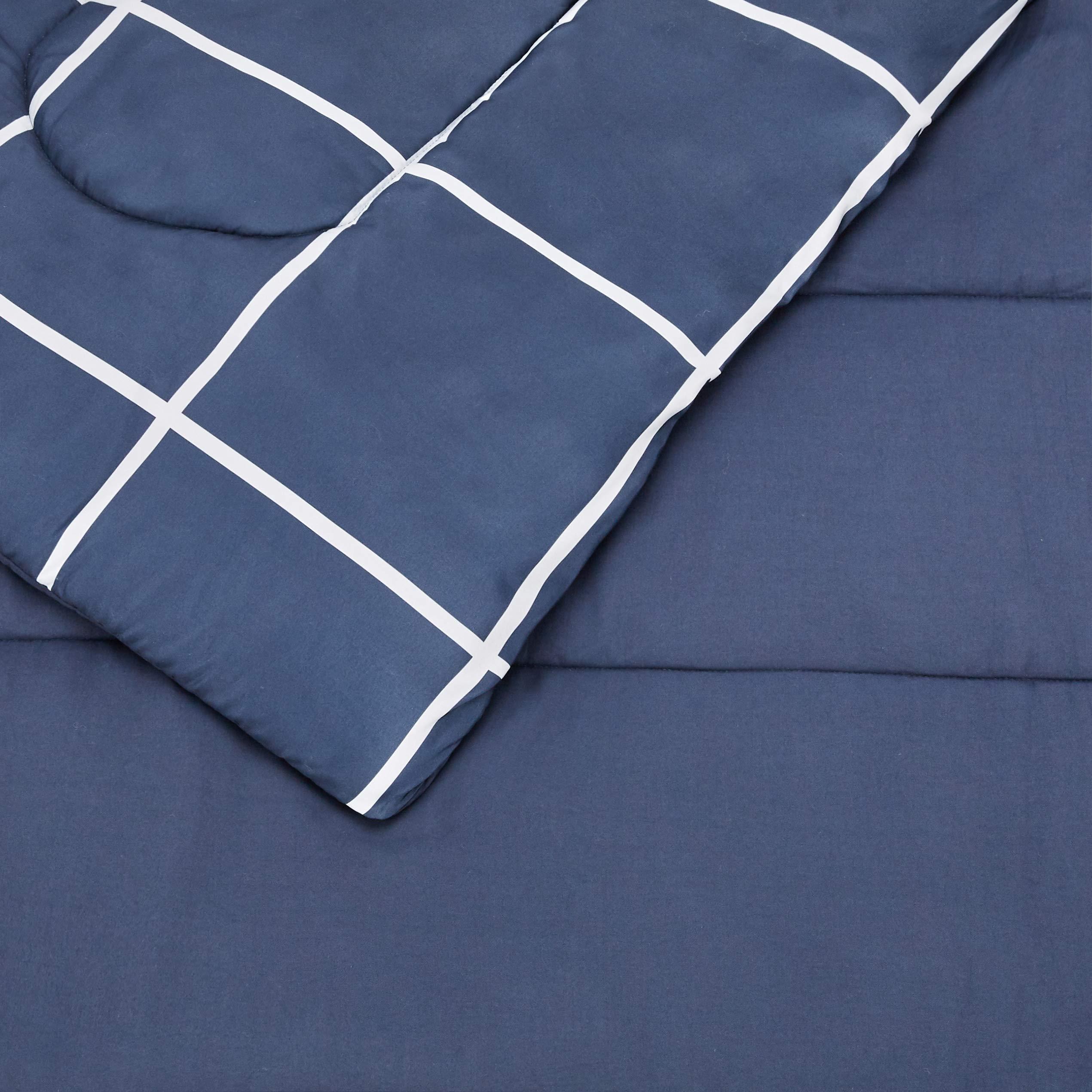 Amazon Basics Twin/Twin XL Comforter Set with Sheets, 5-Piece Navy with Grey Plaid Bedding, Lightweight Microfiber Bed-in-a-Bag - Image 4