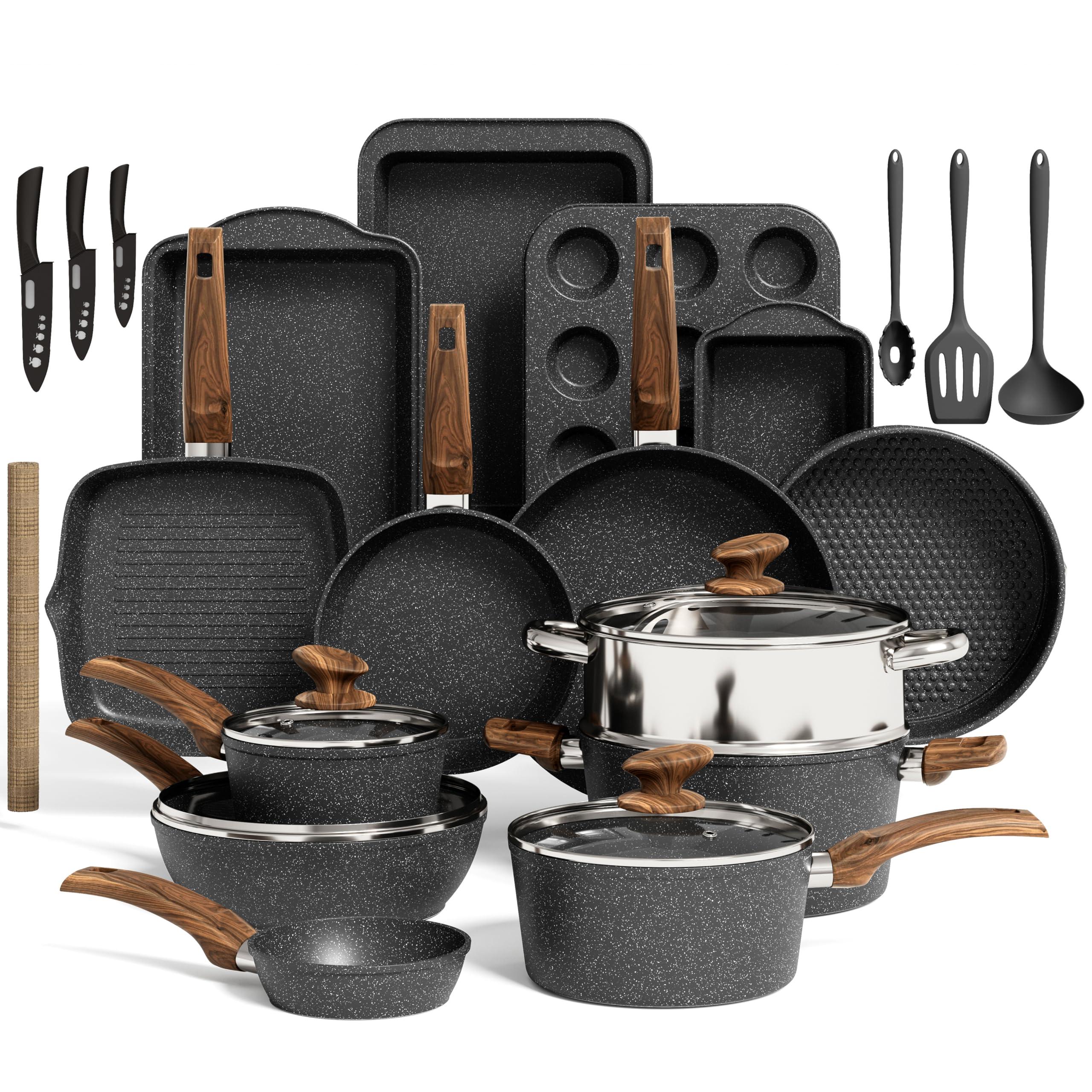 Kitchen Induction Cookware & Bakeware Set - 30 Piece Black Granite Cooking Pans Set, Non-Stick Pots and Pans Set