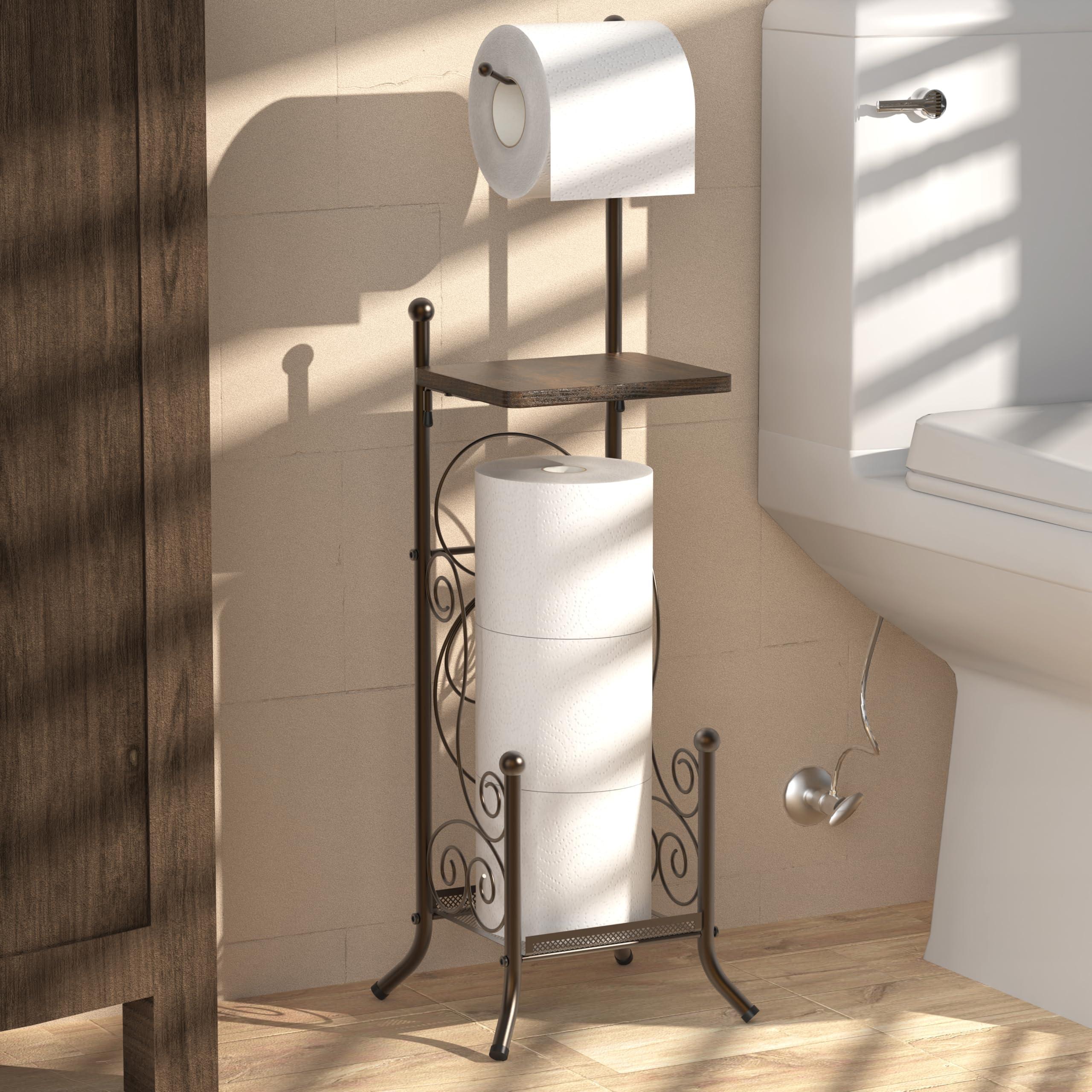 Simple Houseware English Style Bathroom Toilet Tissue Roll Holder Stand with Shelf, Bronze - Image 2