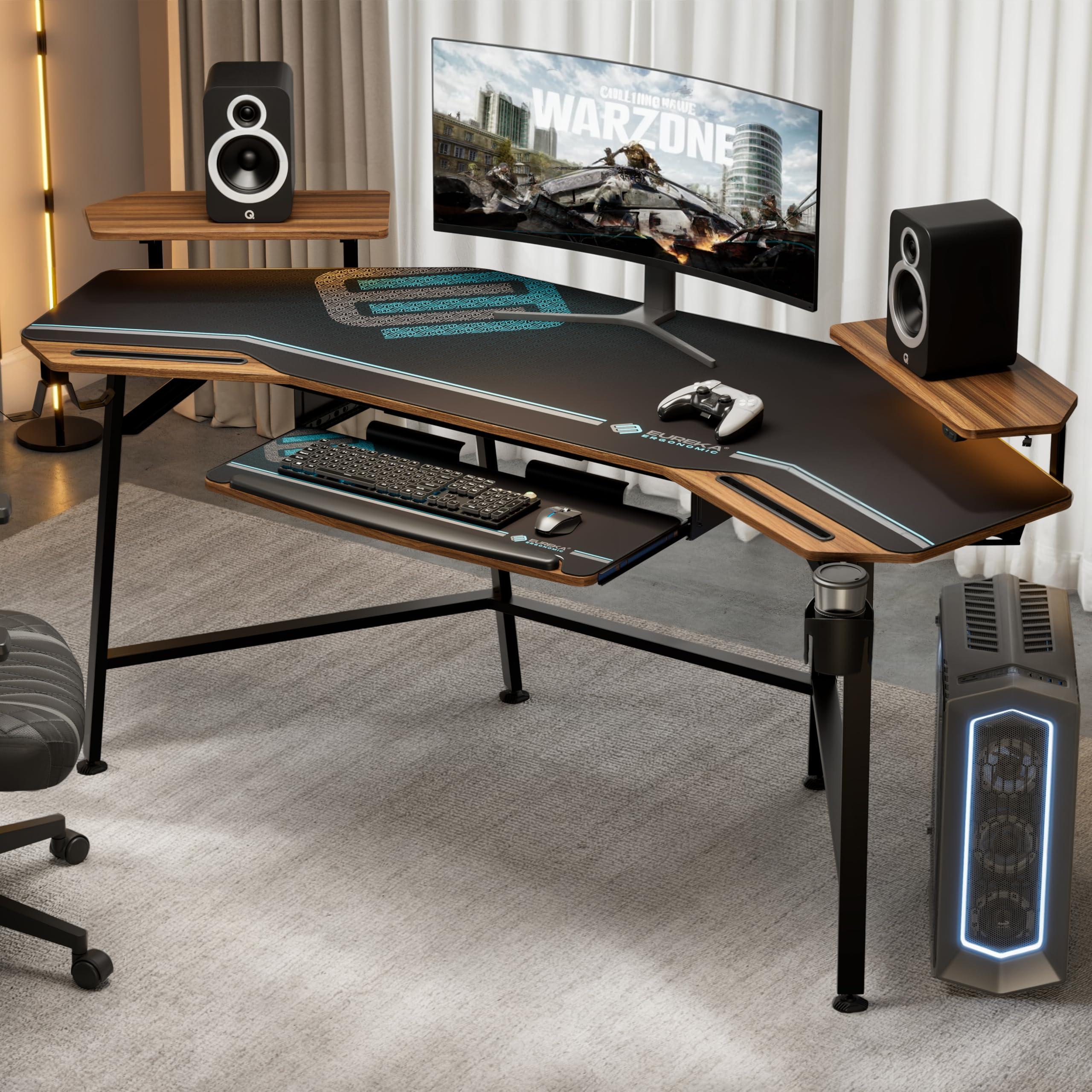 EUREKA ERGONOMIC 72" Gaming Desk W Keyboard Tray, Wing-Shaped Music Studio Desk, Large Computer Table W LED Convertible Monitor Stand Dual Headphone Hanger for Recording Live Streamer, Walnut Wood - Image 4