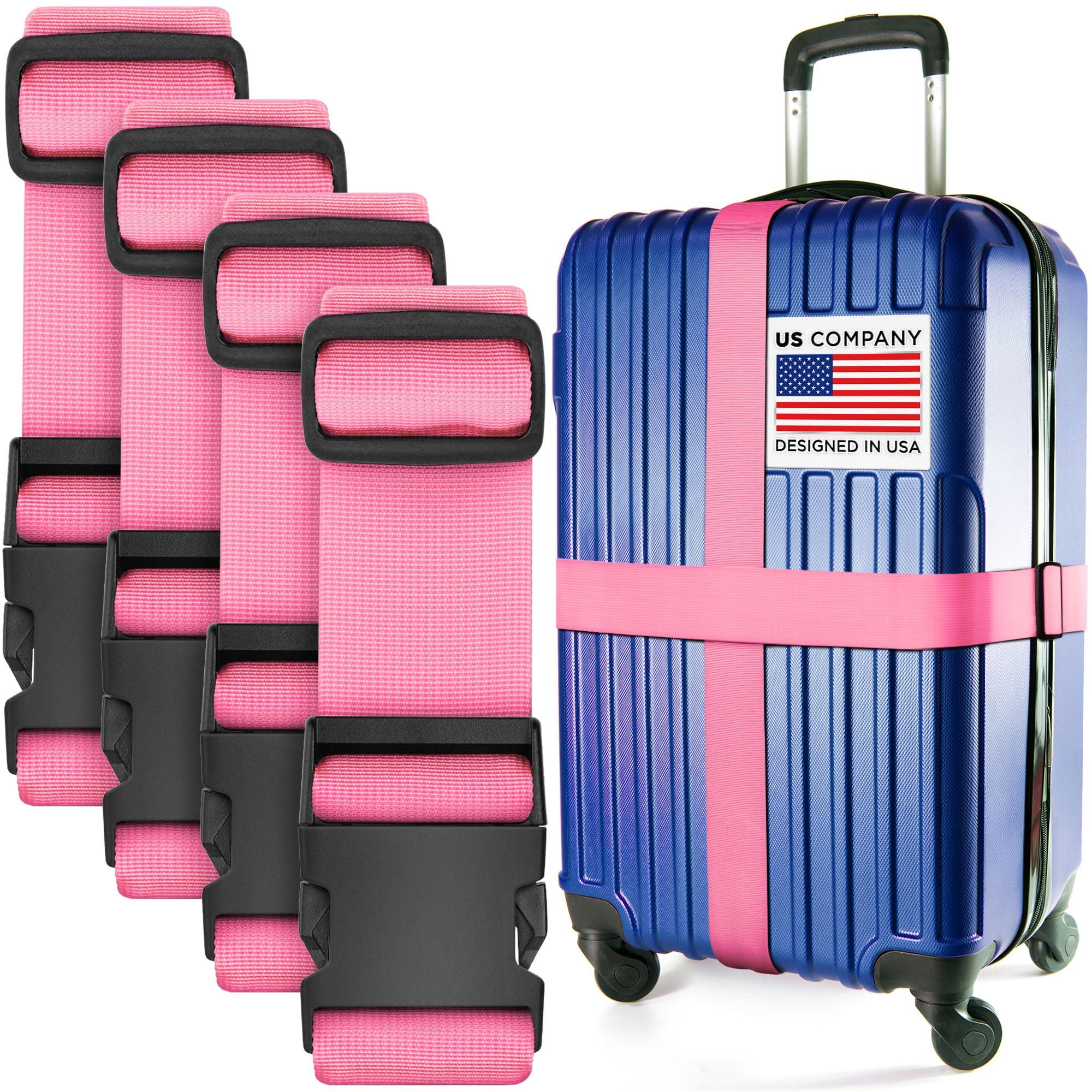 Luggage Straps for Suitcases - TSA Approved - Pink, 4 PK - Premium Nylon Belts for Suitcase, Briefcase & Travel Bag - Adjustable Strap Length 46" - 78"