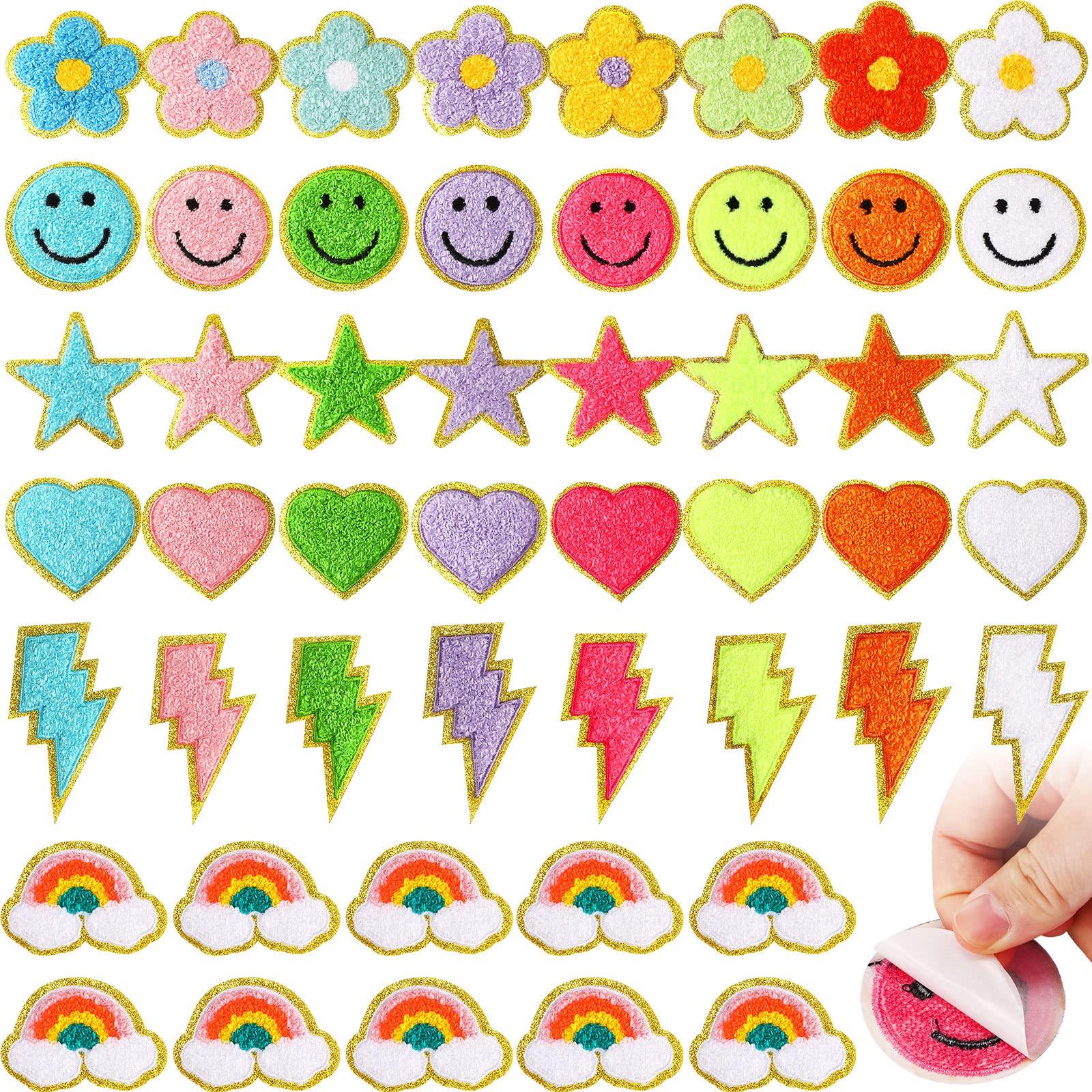 Yilloog 50 Pcs Self Adhesive Chenille Patches Paw Print Smile Face Heart Patch Preppy Sticker Chenille Rainbow Sew on Sticker for Jackets Jeans(Colorful Style,Rainbow Color)