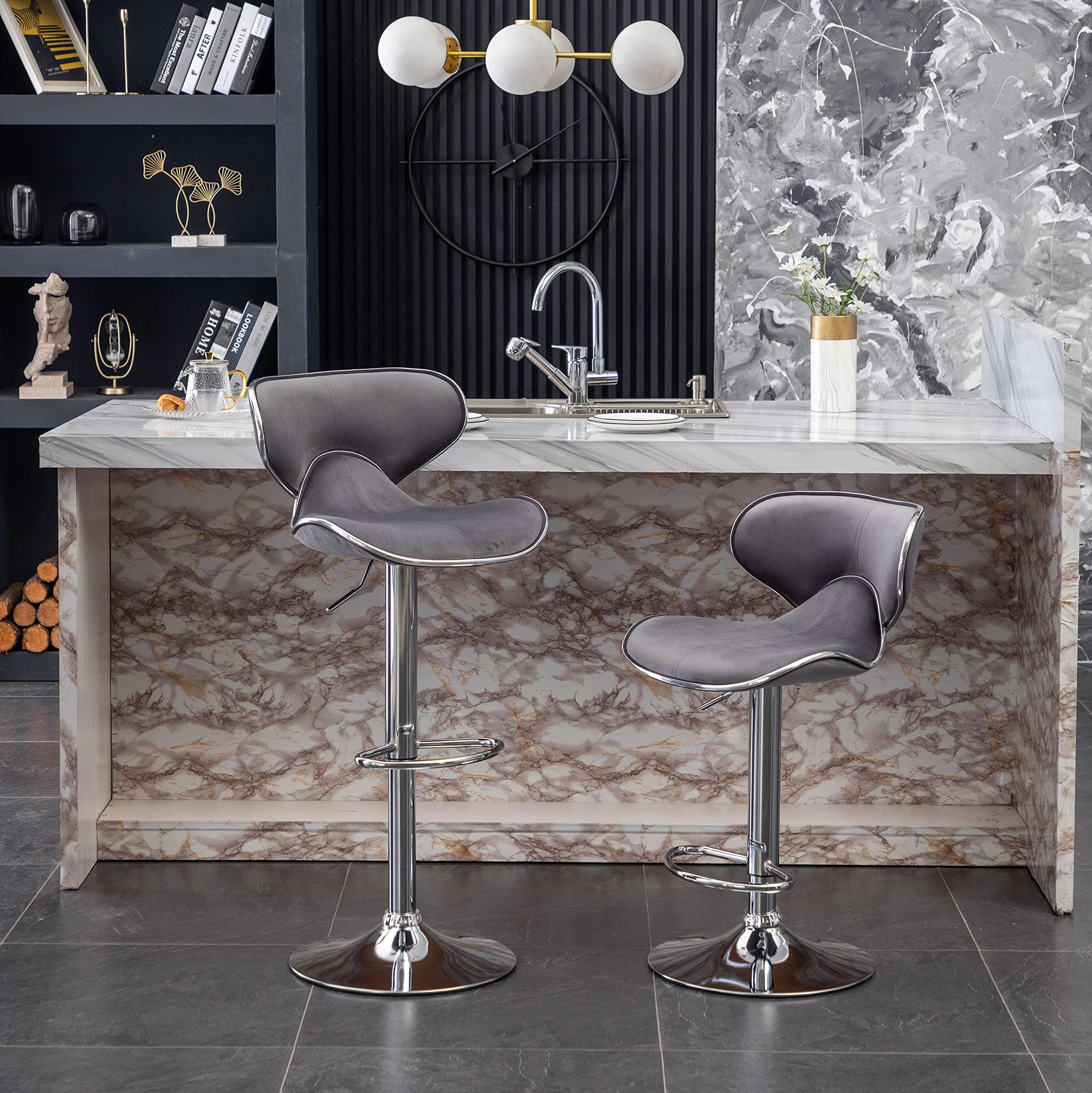 Roundhill Furniture Masaccio Velvet Upholstered Adjustable Swivel Barstool, Set of 2, Gray