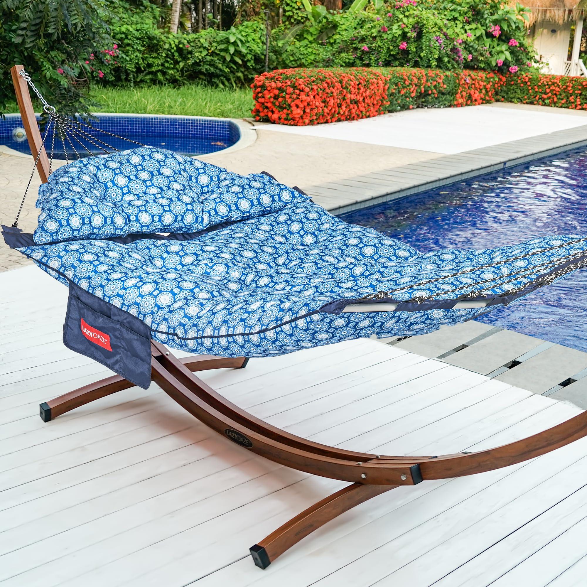 Lazy Daze Hammocks Deluxe 12 FT Thickened Fabric Hammock with Curved Aluminium Spreader, Outside Double Hammock with Large Soft Pillow, Side Pocket 450 Lbs Capacity for Patio, Blue Floral - Image 2
