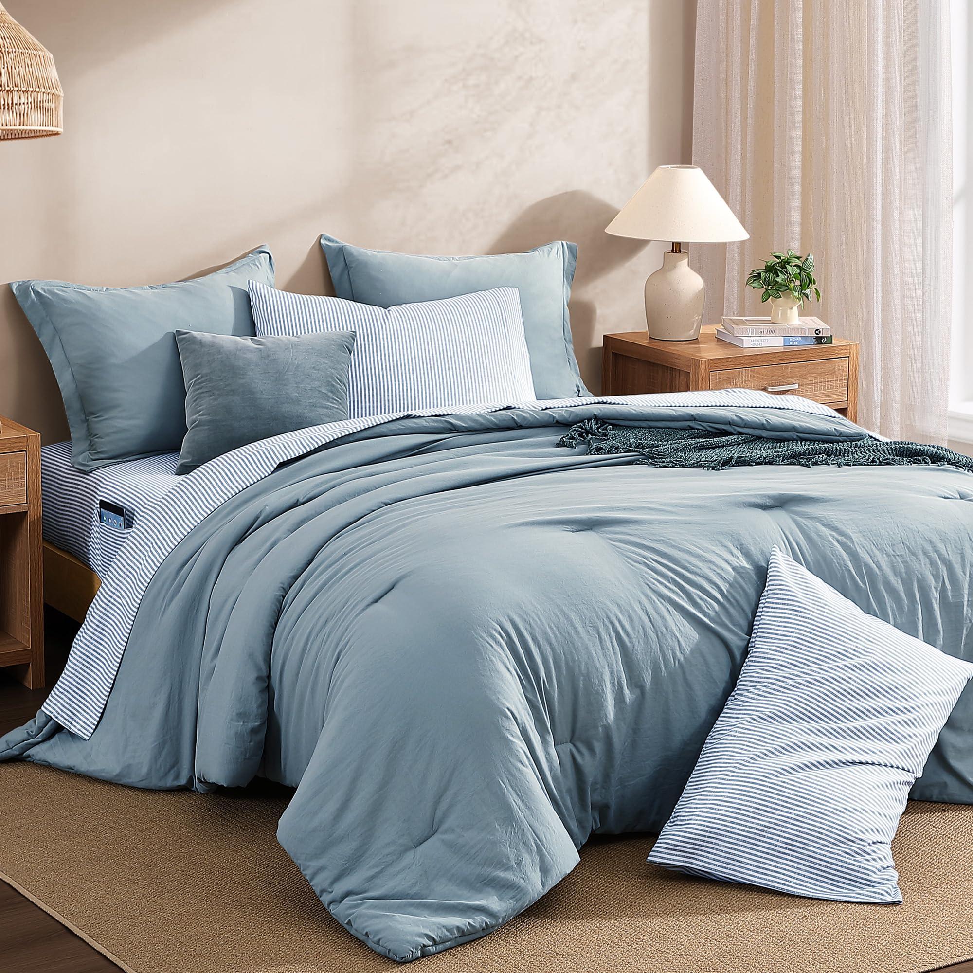 Monbix Queen Comforter Set - 7 Pieces Dusty Blue Prewashed Bed in a Bag Queen Bedding Sets with Comforters, All Seasons Down Alternative Comforter Bed Set with Sheets,Pillowcases & Shams - Image 3