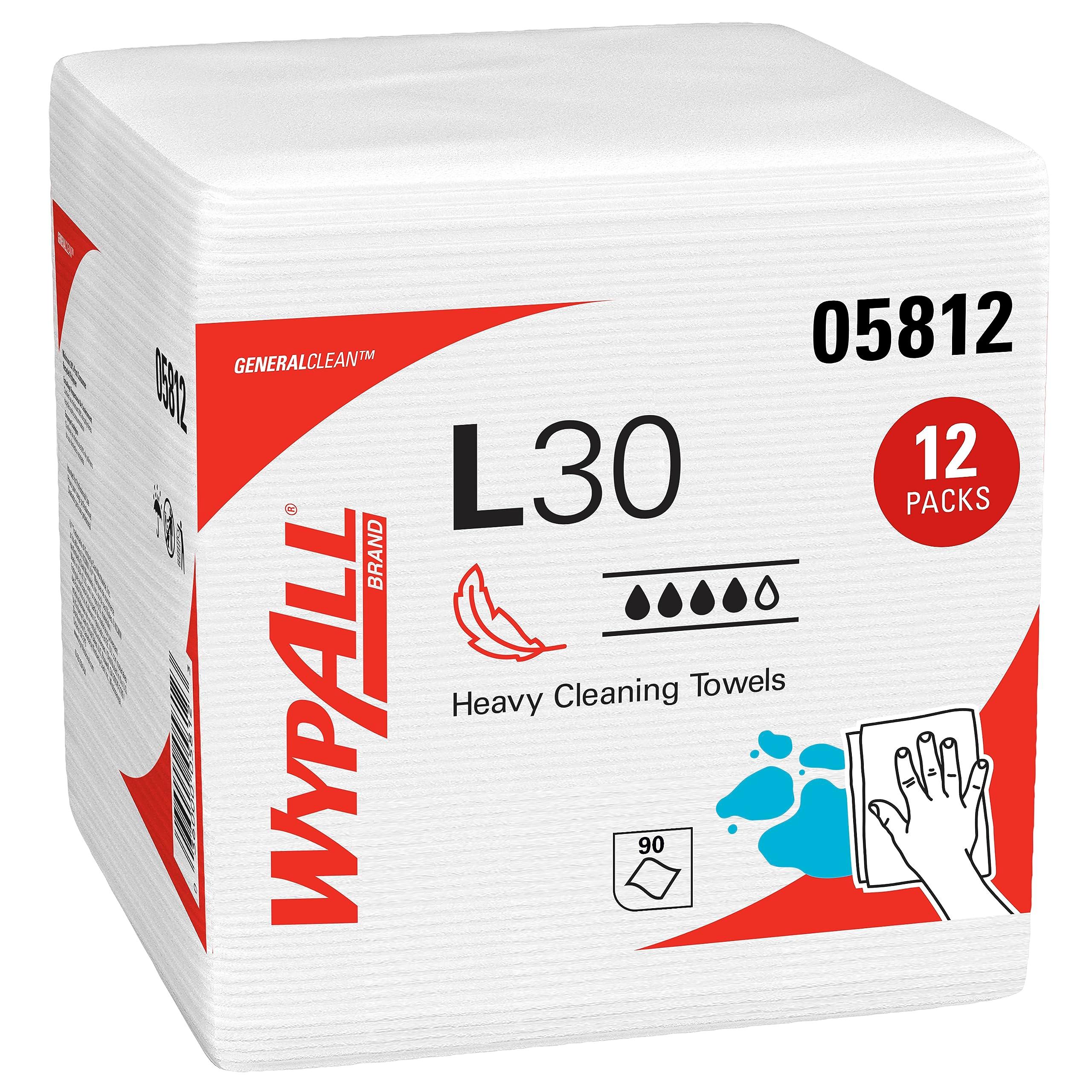 WypAll GeneralClean L30 Cloths Heavy Duty Cleaning Wipes (05812), Quarterfold, Strong and Soft Bulk Paper Wipers, White (12 Packs of 90 Sheets, 1,080 Sheet Total)