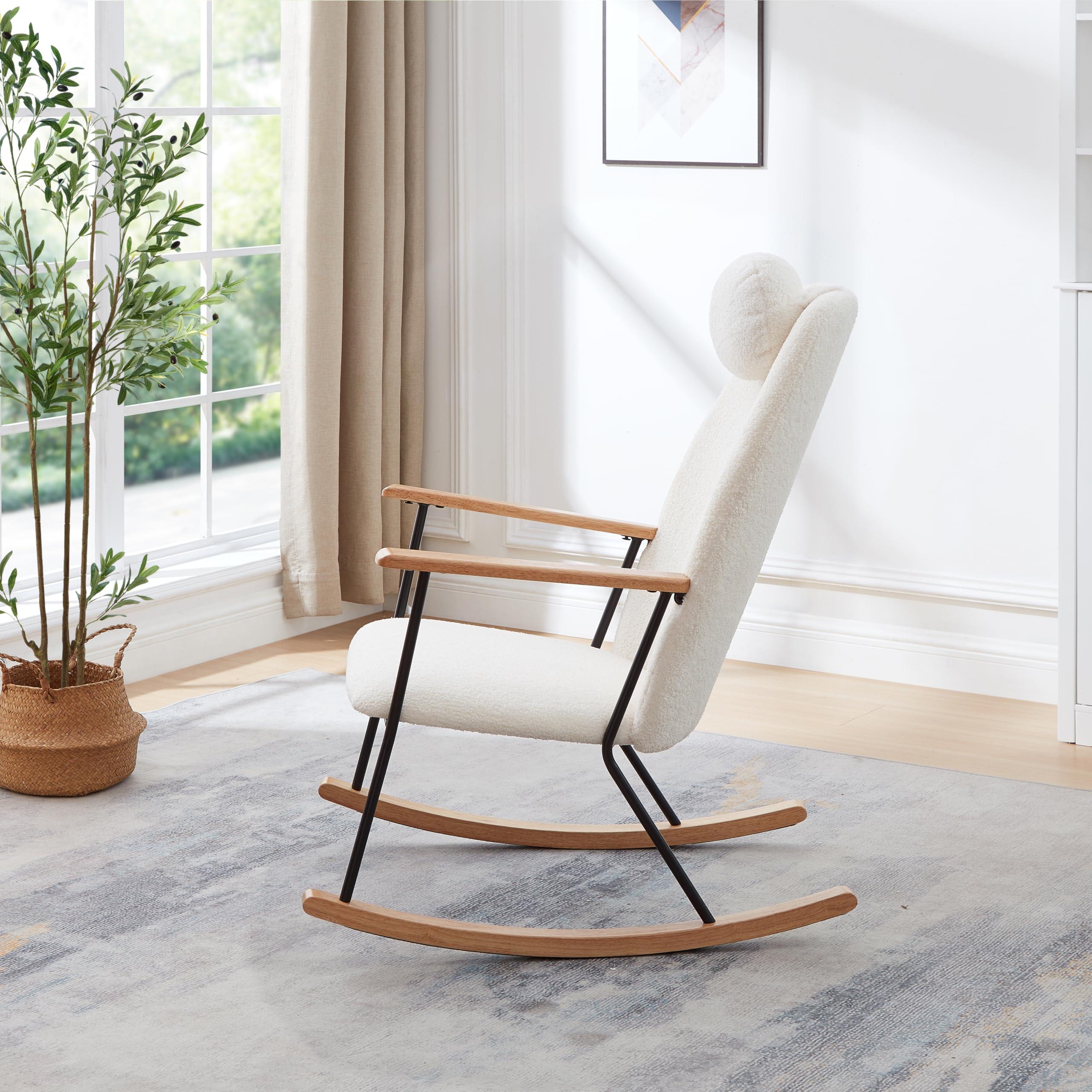 VeroFree Adjustable Headrest Pillow Rocking Chair, Teddy Fabric Glider Rocker with High Backrest – Modern Nursery, Bedroom, Living Room Accent Chair (White + Nature) - Image 7