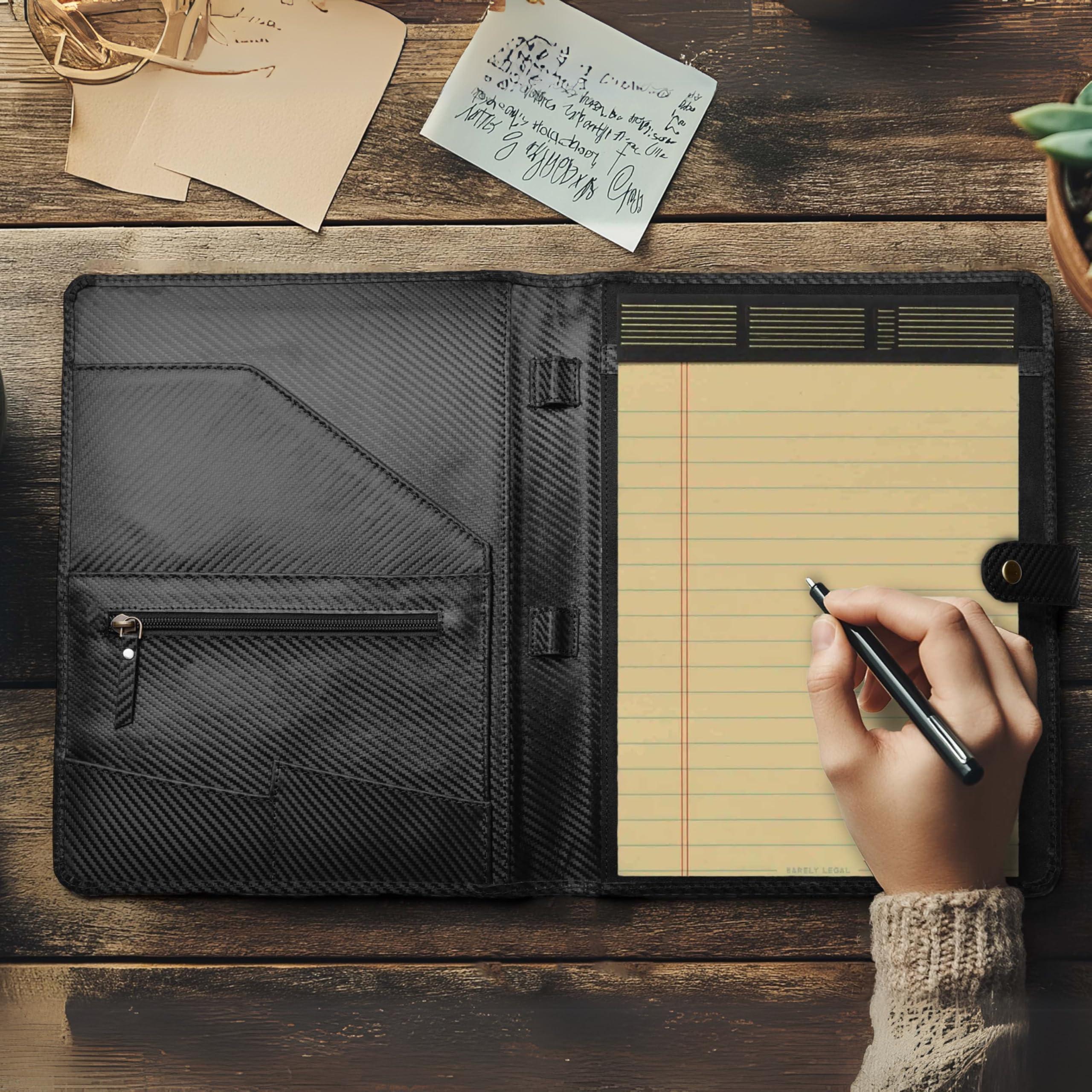 LEATHER VILLAGE Portfolio Professional Organizer – Carbon Fiber Genuine Leather Padfolio Resume Folder for A4 Letter Pad with Pen Holder, Business Card Slots – Ideal for Men & Women - Black - Image 2
