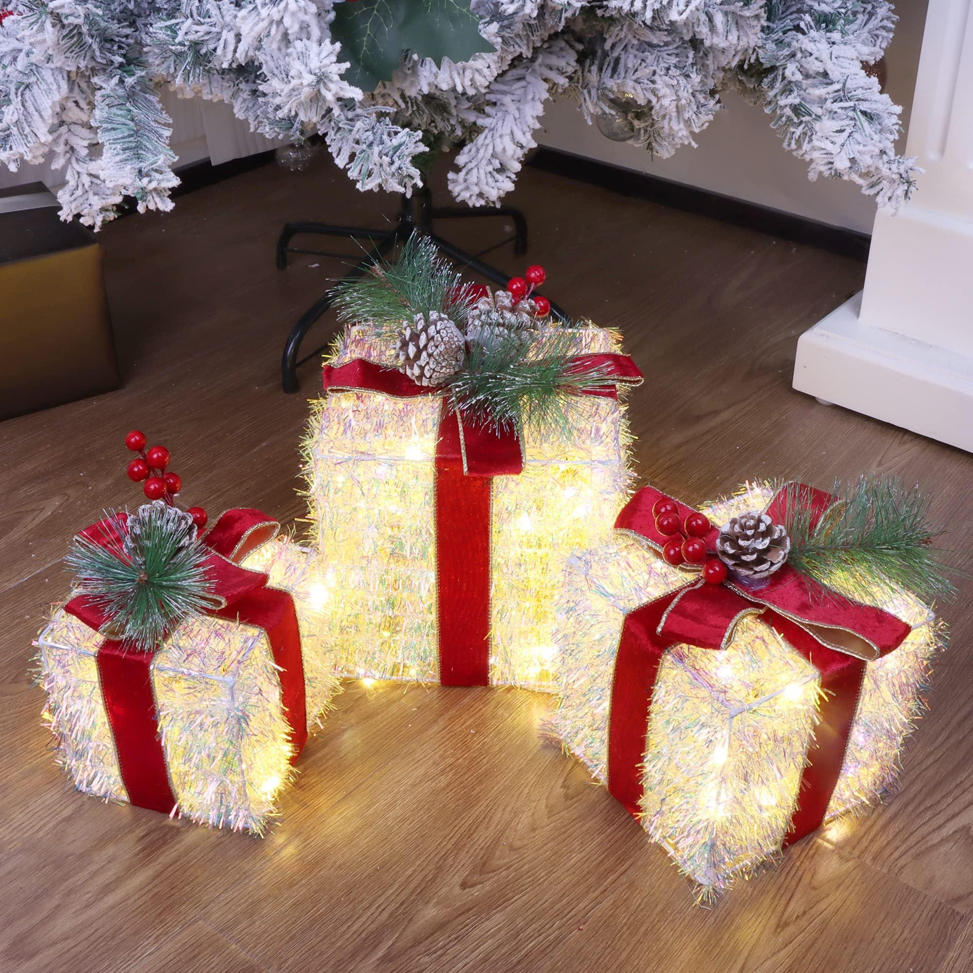 Fulong's Opulent Christmas Lighted Gift Boxes Decor Set of Three Pre-lit LED Presents | Warm White Garden, Porch, Room Decor & Tree Skirt Ornaments | Indoor 60 Lights Set - Image 5