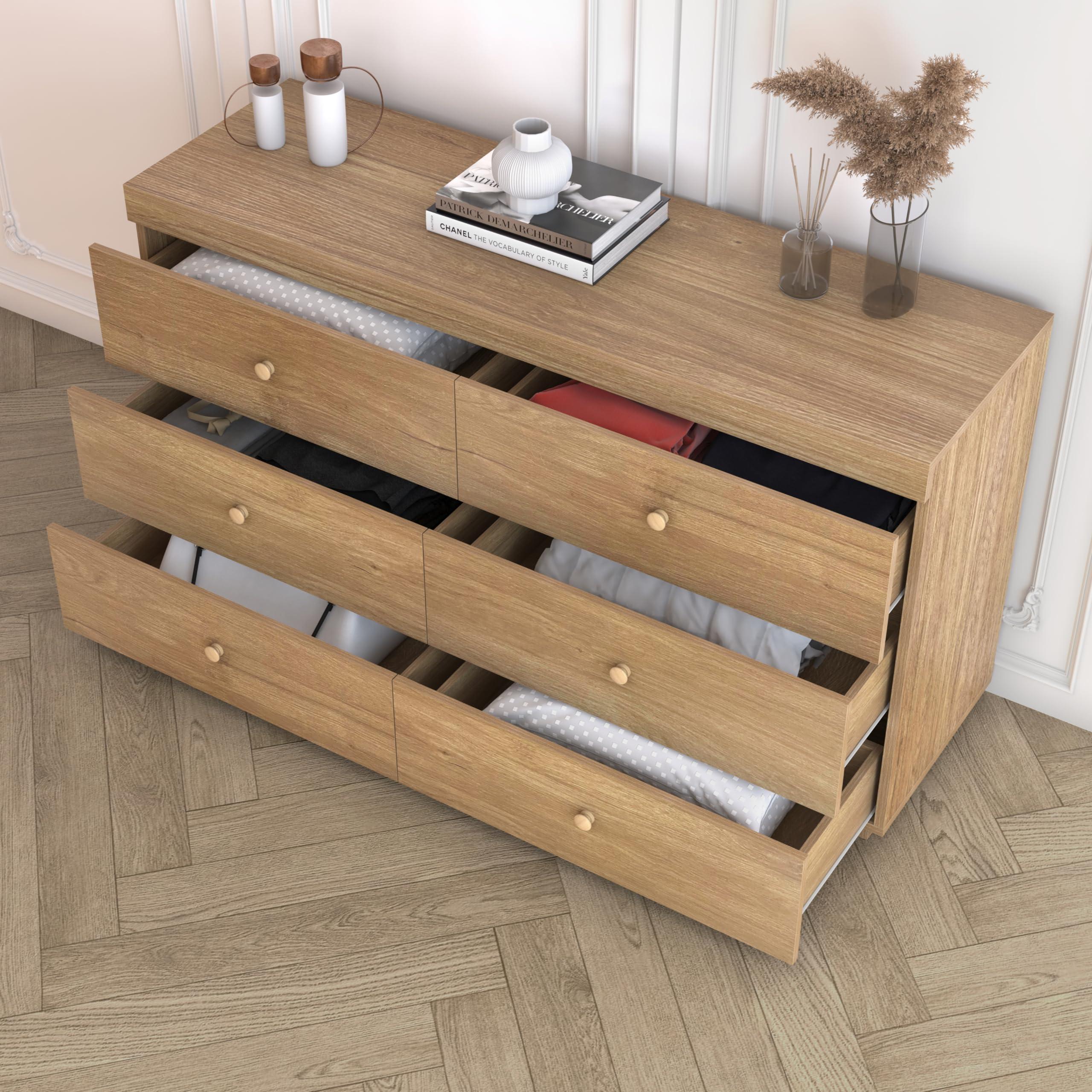 Zenflare Dresser for Bedroom 6 Drawer Wood Dresser 58.3" Wide, Large Chest of Drawers for Bedroom, Living Room, Hallway, Entryway, Modern TV Stand Drawer Organizer, Light Oak - Image 4