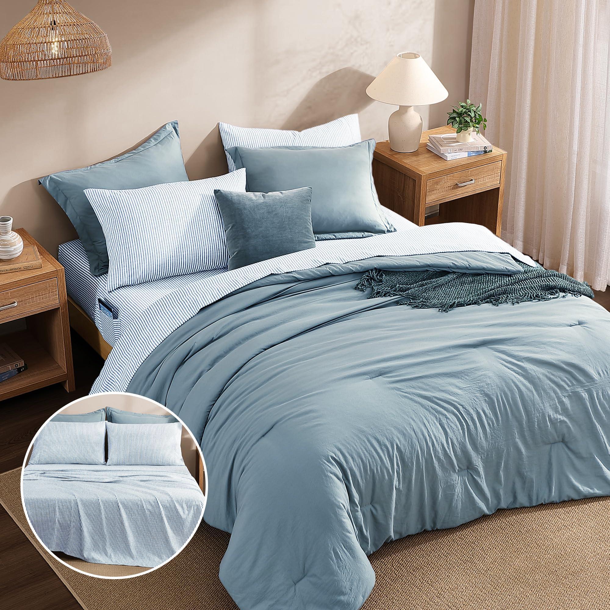 Monbix Queen Comforter Set - 7 Pieces Dusty Blue Prewashed Bed in a Bag Queen Bedding Sets with Comforters, All Seasons Down Alternative Comforter Bed Set with Sheets,Pillowcases & Shams - Image 4