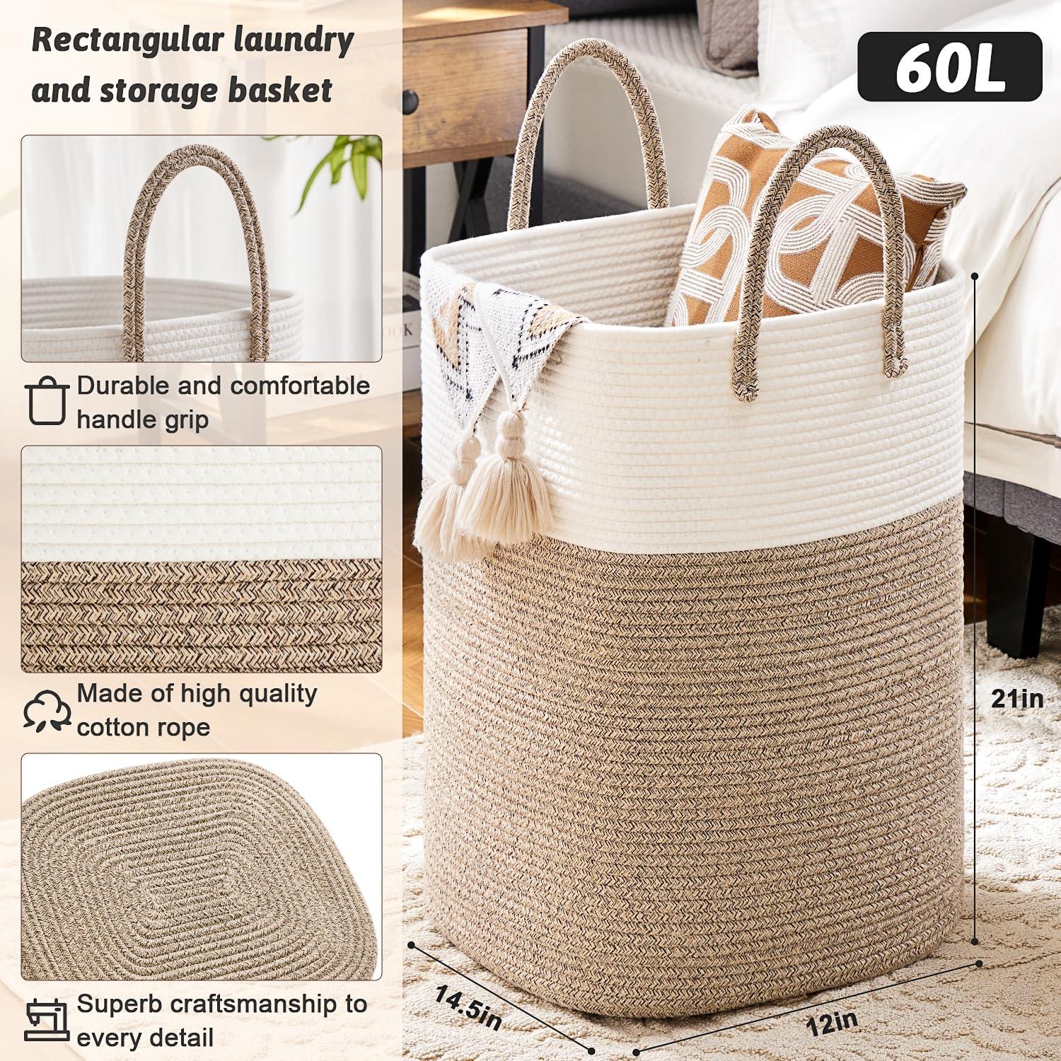 Laundry Basket,Woven Cotton Rope Laundry Hamper Sorters,60L Versatile Storage for Dirty Clothes,Baby Toys,and Blankets in Bathroom, Nursery,and Living Room - Image 3