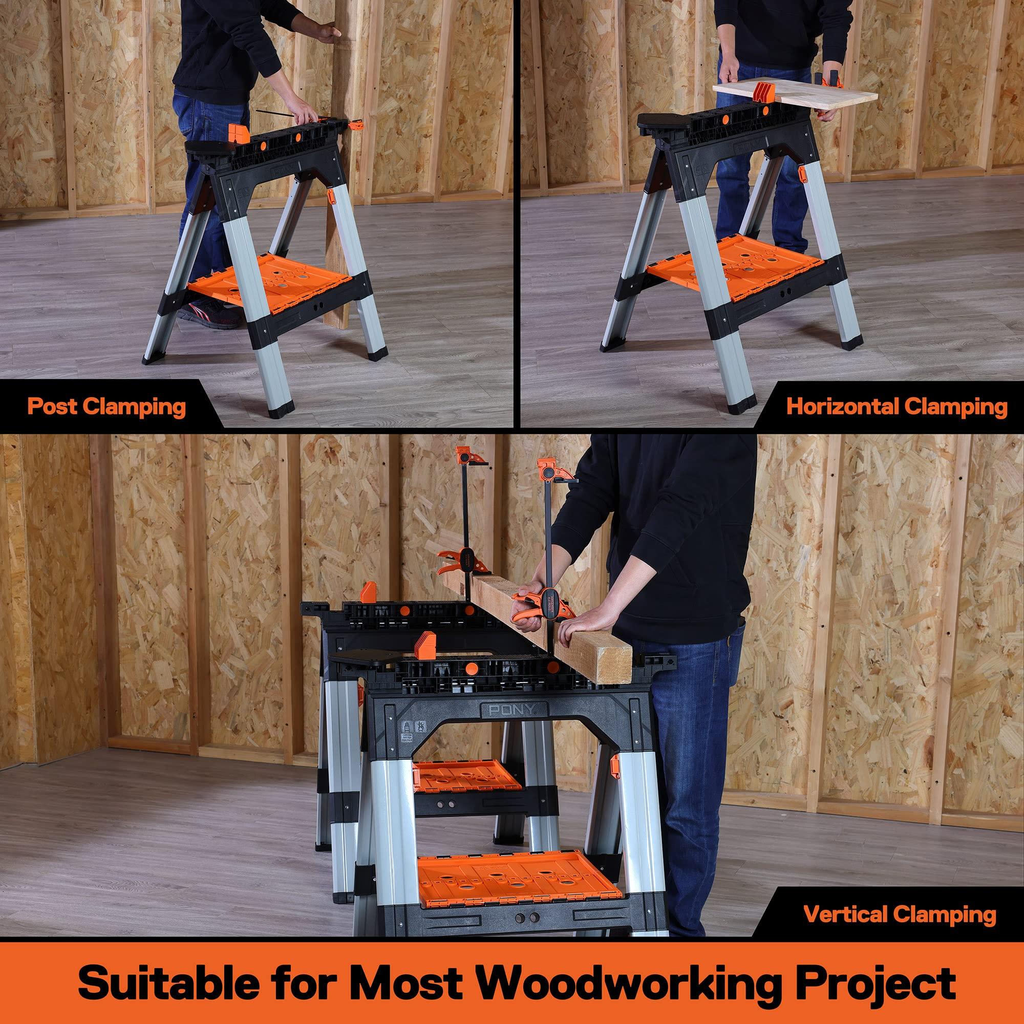 PONY 2-Pack Clamping Sawhorses, 1200 LBS Load Capacity, 30-3/4" Folding Sawhorse with 12” F Clamps, Bench Dogs, Angle Clamps, 2" Spring Clamps, Steel Legs, Heavy Duty for Woodworking - Image 6