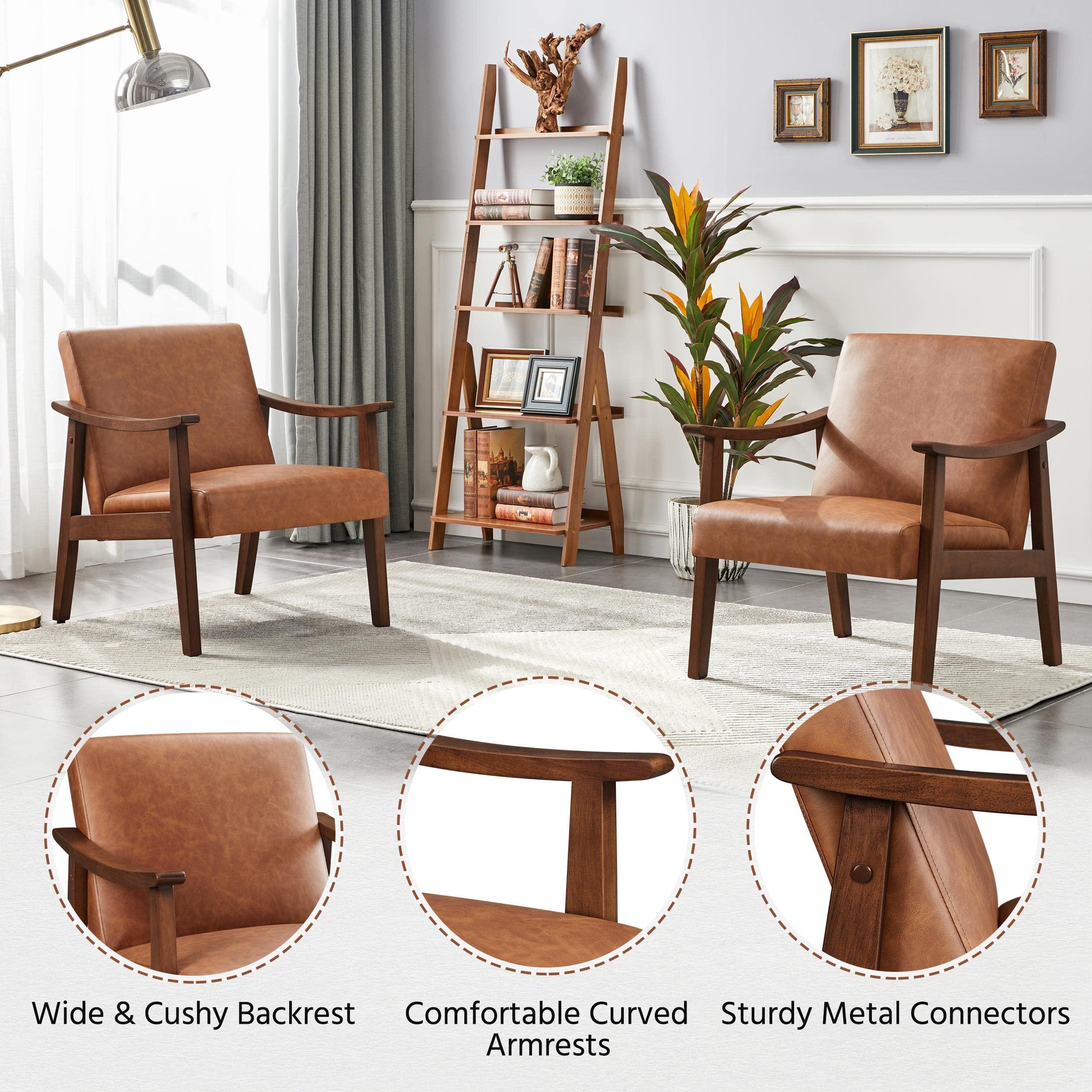 Yaheetech PU Leather Accent Chair, Mid-Century Modern Armchair with Solid Wood Legs, Reading Leisure Chair with High Back for Living Room Bedroom Waiting Room, Set of 2, Brown - Image 4