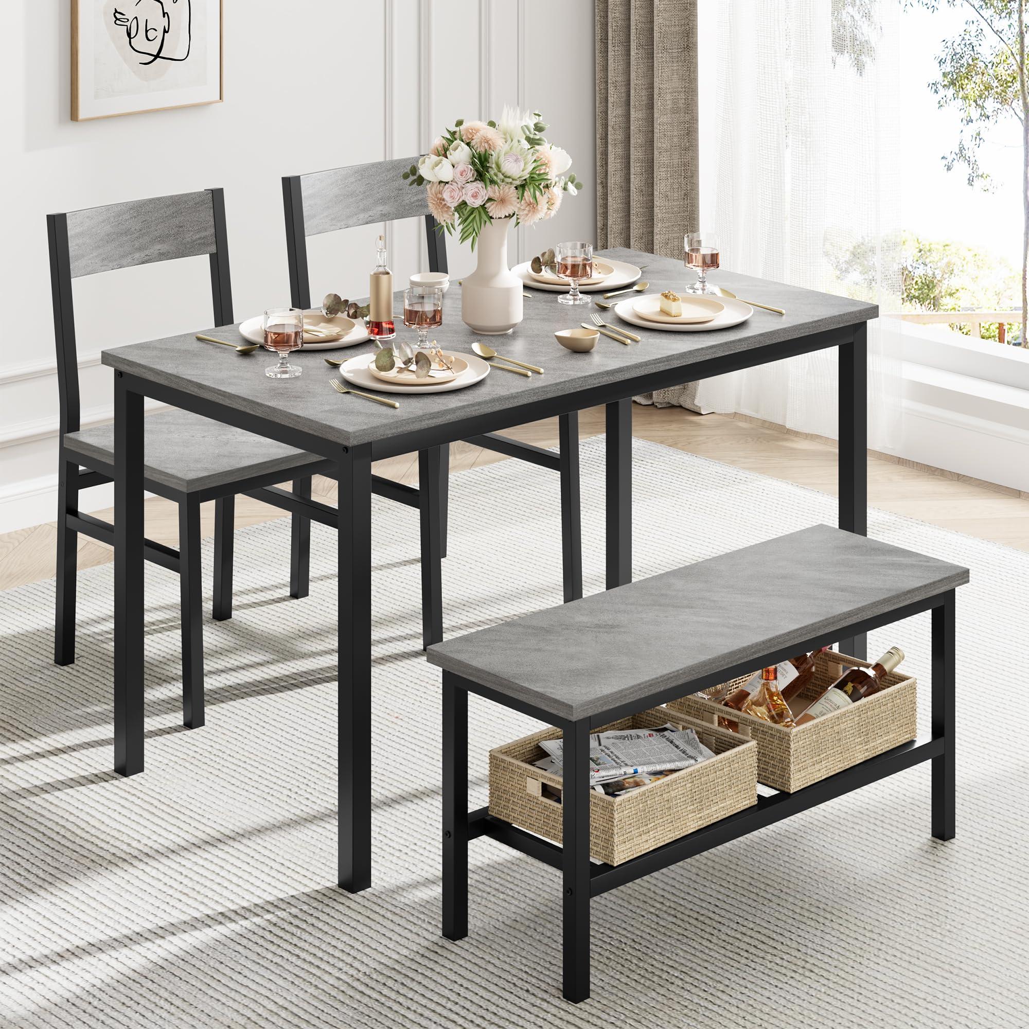 GarveeHome Dining Table Set for 4, Modern Kitchen Table with Chairs and Bench for Small Space, 4-Person Dining Room Table Set with Metal Frame and Storage Rack, Dinette Set for Apartment