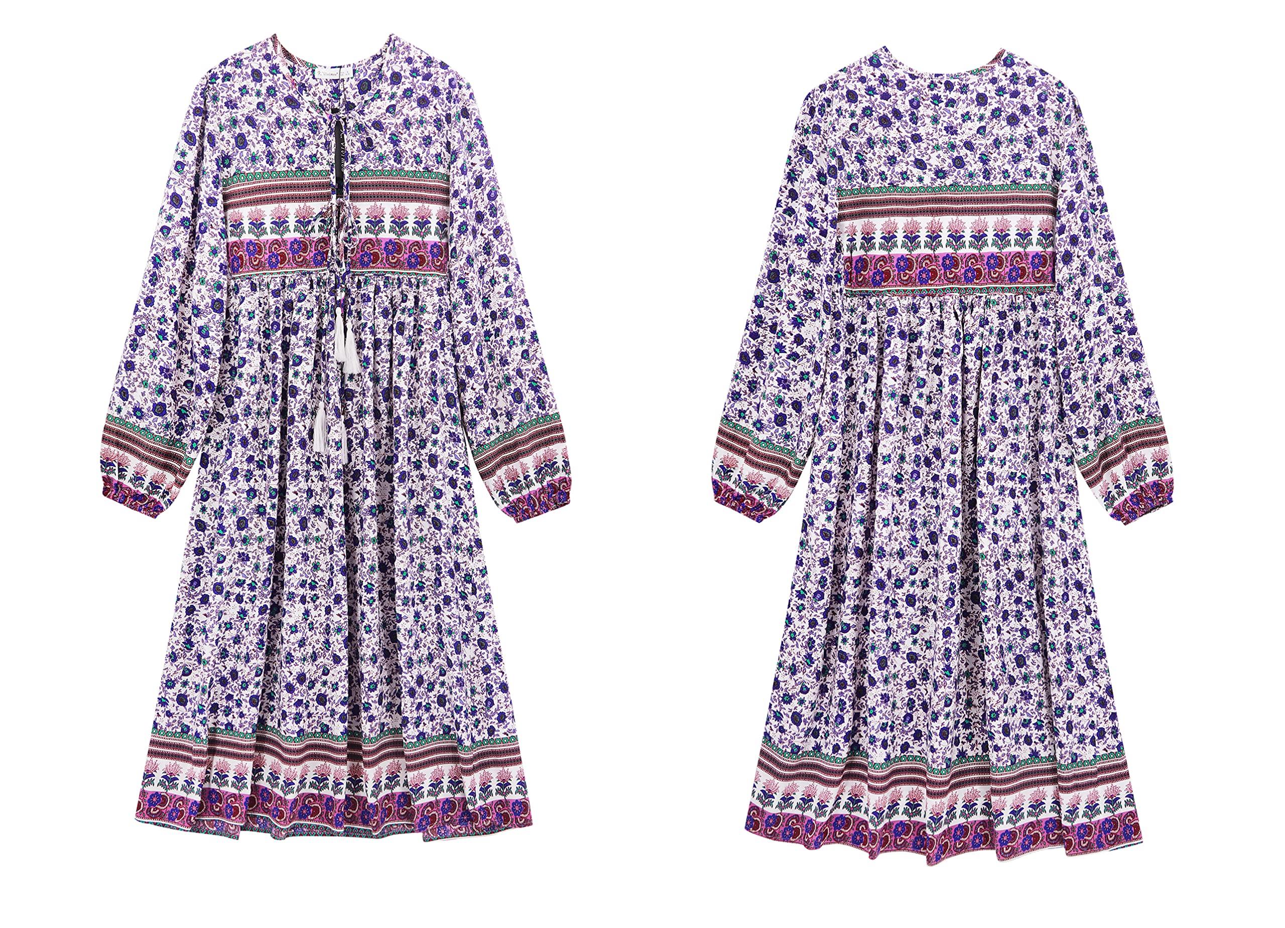 R.Vivimos Women's Long Sleeve Floral Print Retro V Neck Tassel Bohemian Midi Dresses - Image 6