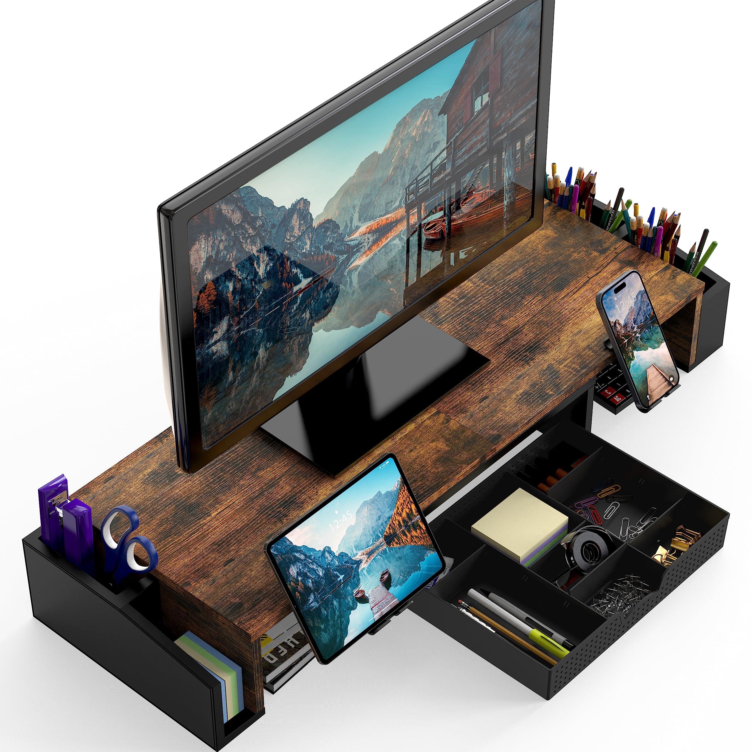Simple Houseware Desk Dual Monitor Stand Riser with Drawer, Rustic Brown - Image 4