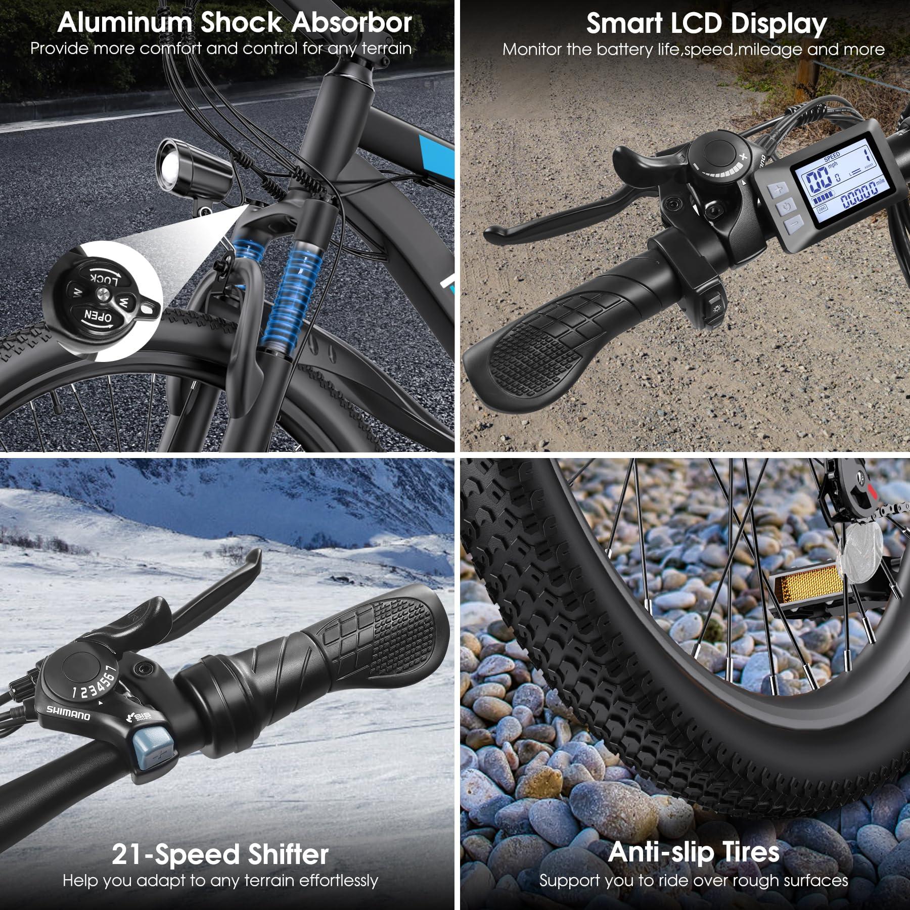 Funhang Electric Bike for Adults, Peak 1000W Ebike, 50Miles 21.7MPH Adult Electric Bicycles, 26" Electric Mountain Bike 48V 374.4WH Battery, Commuter E Bike with Adjustable Stem, Fenders, 21 Speed - Image 6