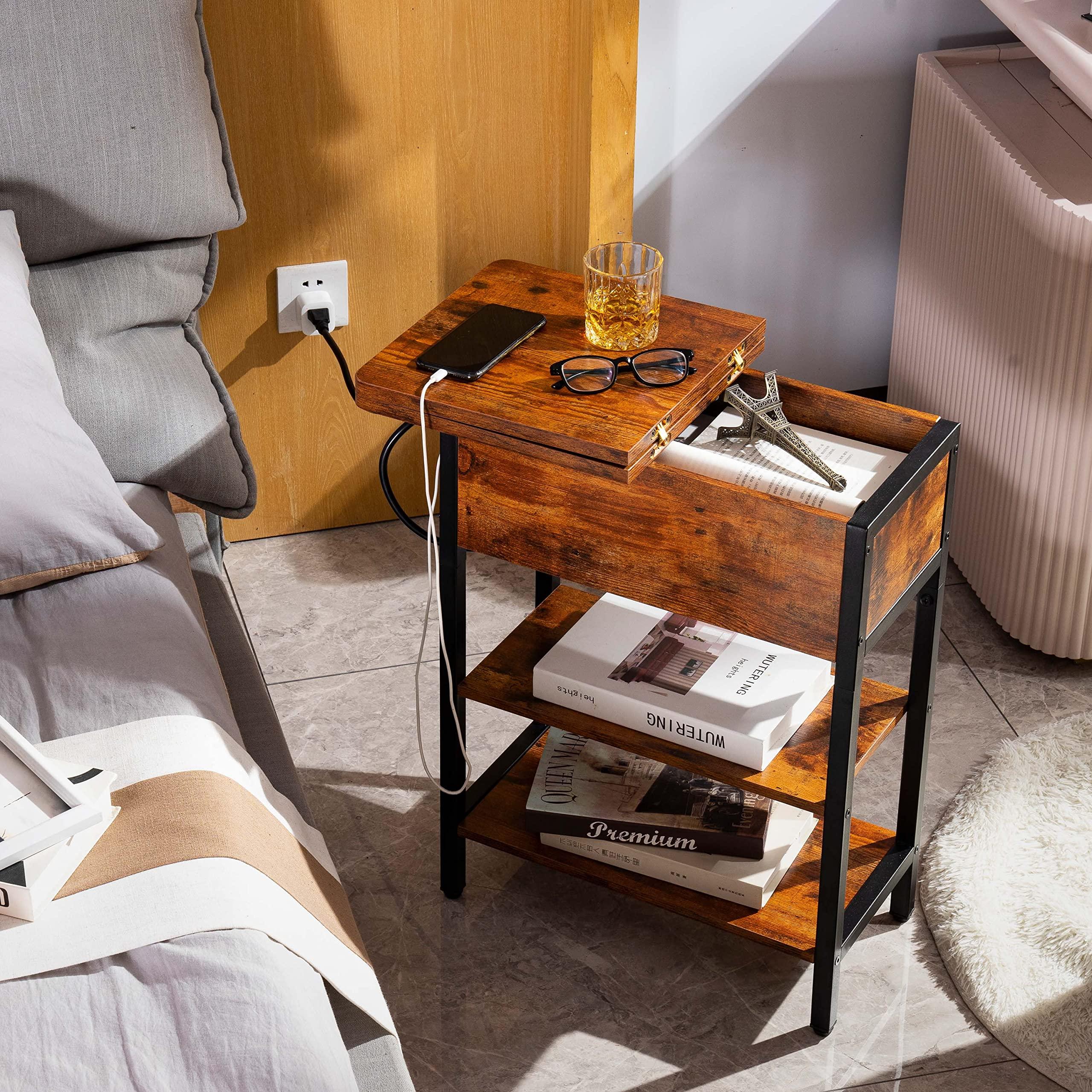 Yoobure End Table with Charging Station, Flip Top Side Table with USB Ports and Outlets, Sofa Couch Table Bedside Table for Living Room Bedroom, Narrow Nightstand with Storage Shelves for Small Space - Image 2