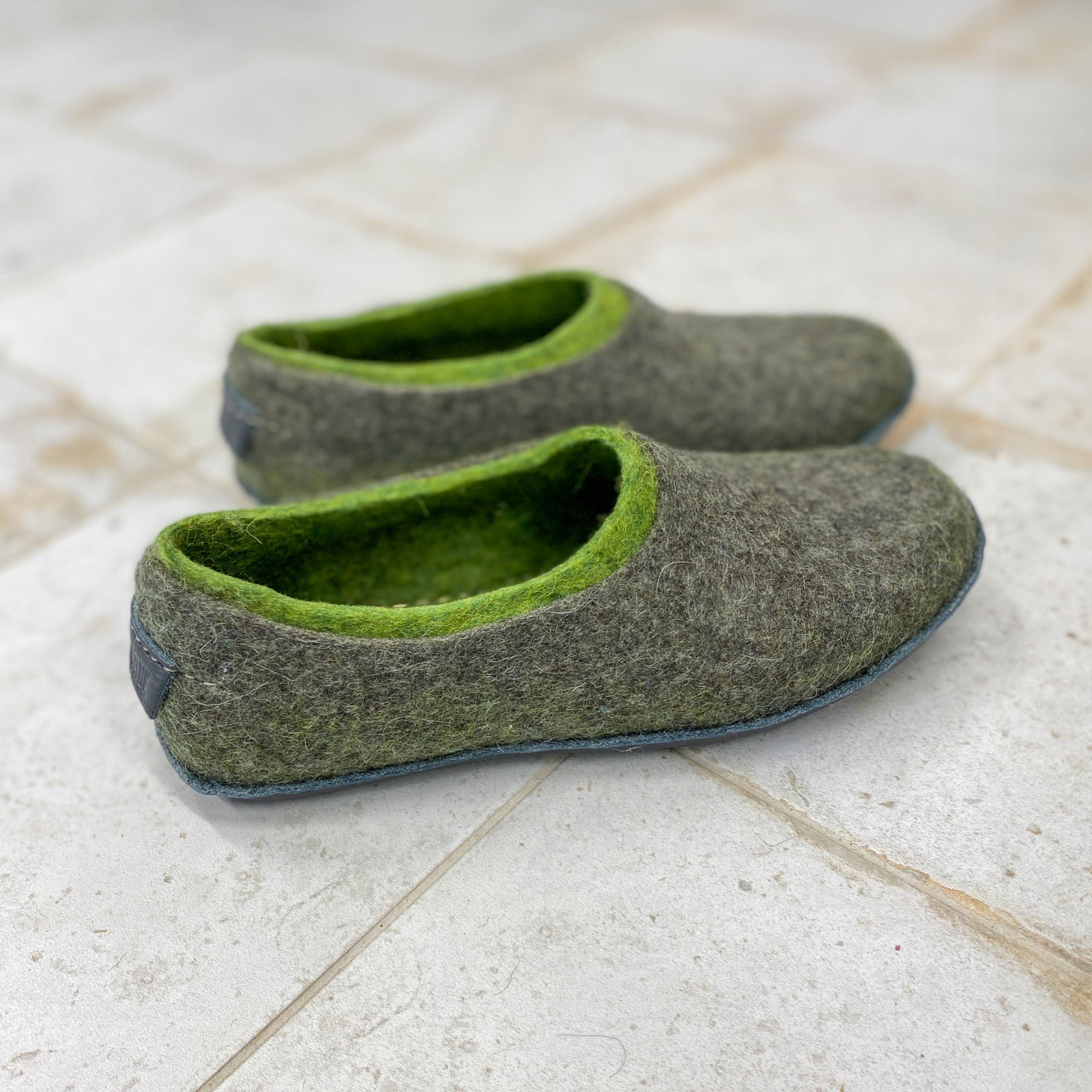 Gray Felted Wool Slippers For Men with Green Inner Layer Made by Hand - Image 2