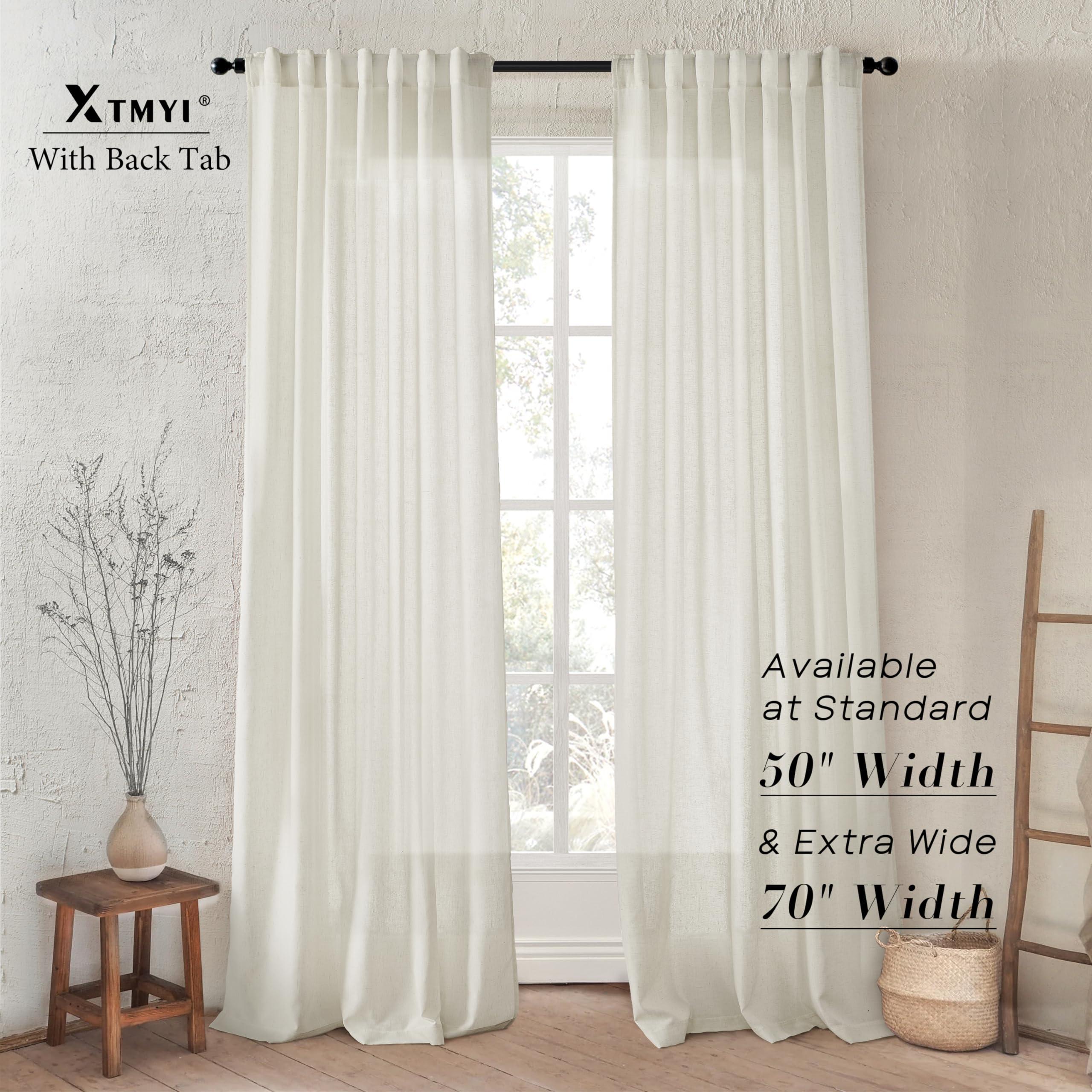 XTMYI Linen Cotton Farmhouse Curtains for Living Room Bedroom 84 Inches Long Two Sheer Hook Belt Pleated Back Tab Birch Off White Ivory Neutral Boho Sour Cream Curtain Drapes 84 Length 2 Panels Set - Image 3